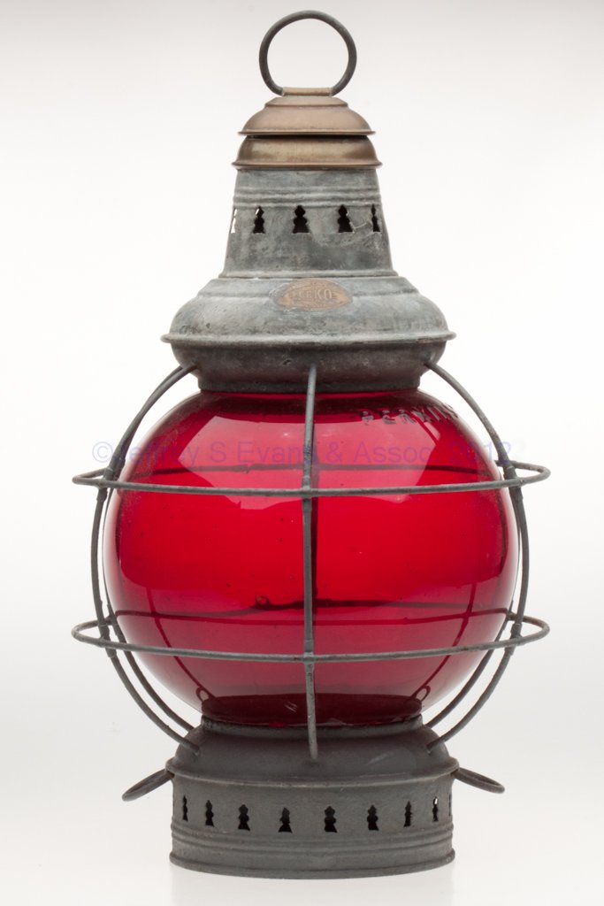 PERKINS GALVANIZED SHEET IRON AND BRASS DISTRESS O: PERKINS GALVANIZED SHEET IRON AND BRASS DISTRESS OR SIGNAL MARINE LANTERN, later gray paint to base and guards, ring handle, brass maker's plate marked "PERKINS MARINE LAMP & HDWE. CORP. / PERKO / BRO