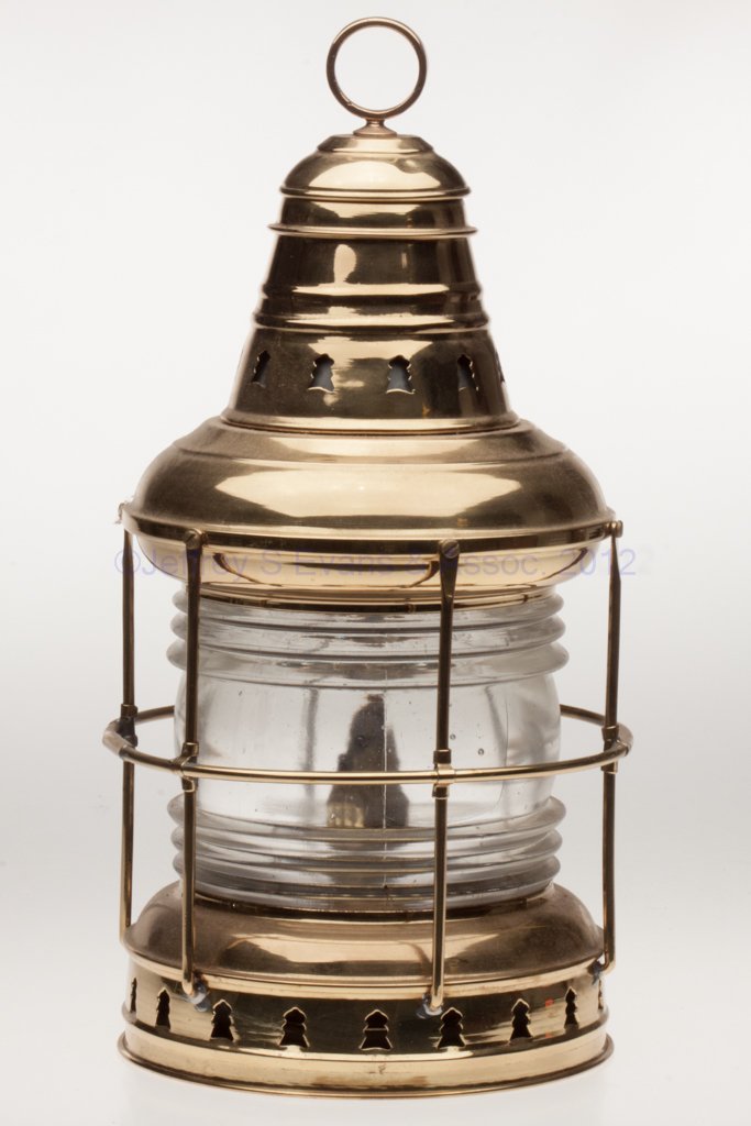 PERKINS "PERKO" BRASS MARINE LANTERN: PERKINS "PERKO" BRASS MARINE LANTERN, polished, ring handle, cap with maker's plate marked "PERKO MANUFACTURERS / PERKINS MARINE LAMP & HARDWARE CORP / MIAMI, FLORIDA", colorless 360 degree fresnel le