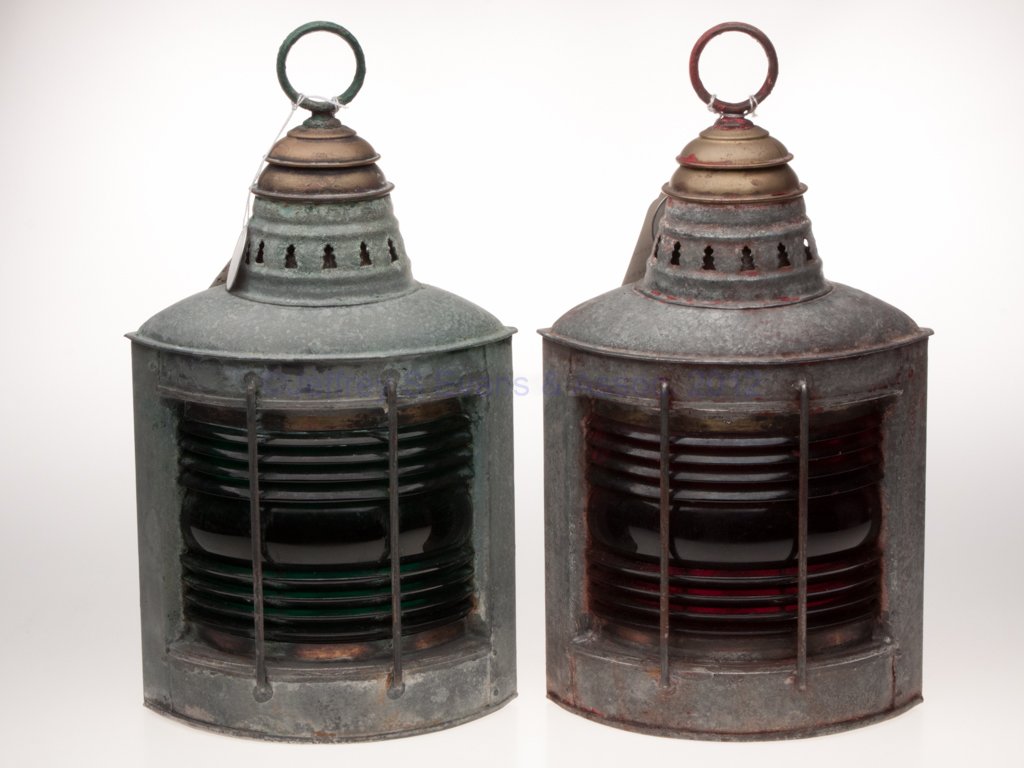 ELISHA WEBB & SON CO. BRASS AND GALVANIZED SHEET I: ELISHA WEBB & SON CO. BRASS AND GALVANIZED SHEET IRON SIDE MARINE LANTERNS, SET OF TWO, one with traces of green paint and other with traces of red paint, triangular form with painted ring handles and