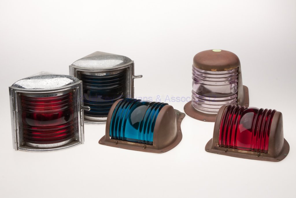 PERKINS "PERKO" NAVIGATION MARINE LIGHTS, LOT OF F: PERKINS "PERKO" NAVIGATION MARINE LIGHTS, LOT OF FIVE, comprising a chrome plated port and starboard side battery lights, triangular forms with hinged door and mounting brackets, maker's mark, red/rub