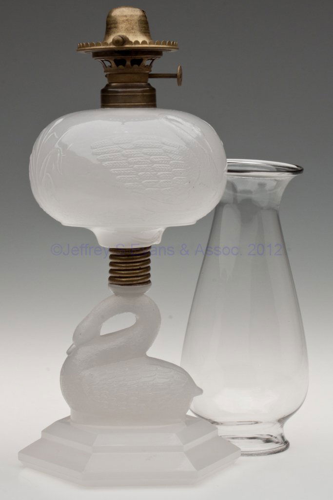 ATTERBURY SWAN STAND LAMP: ATTERBURY SWAN STAND LAMP, clambroth/alabaster embossed Swan font and hexagonal base, underside of foot embossed "PATD, SEP 29D 1868.", screw socket connector with patent information, No. 1 fine line