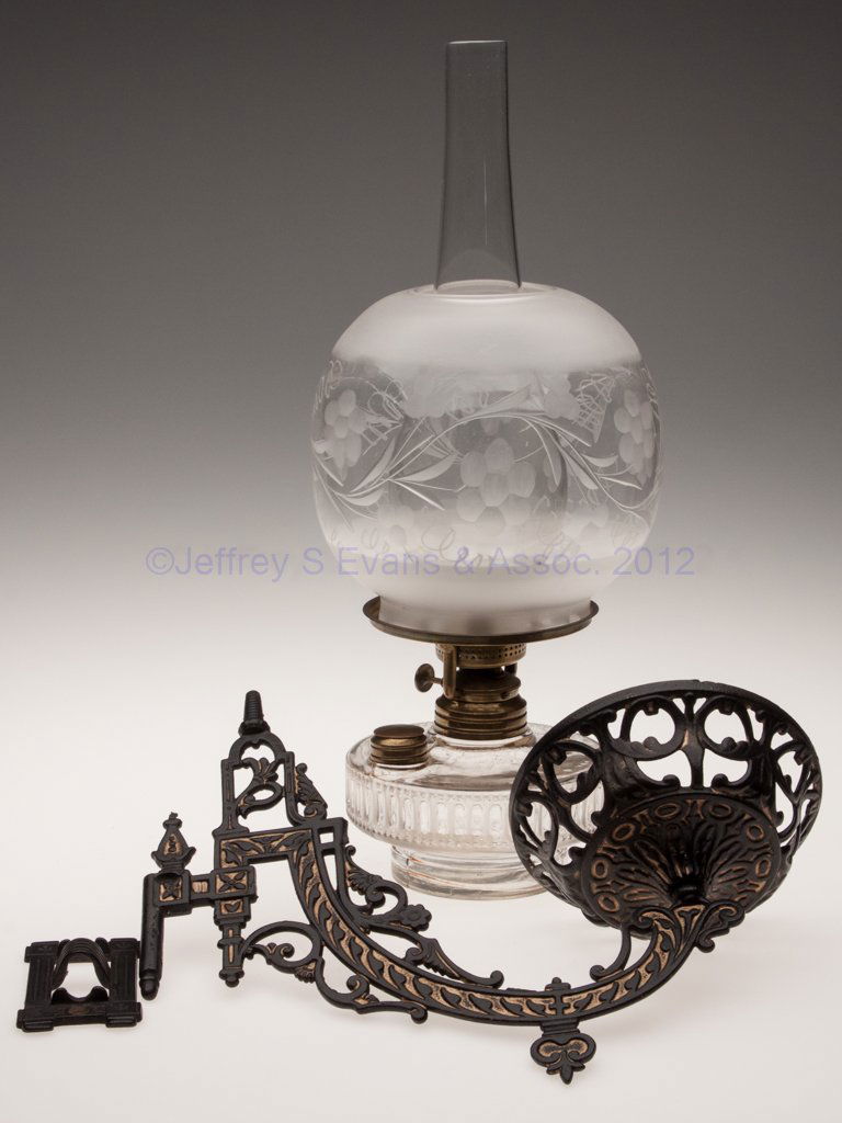 BRADLEY & HUBBARD NO. 446 CAST IRON BRACKET LAMP: BRADLEY & HUBBARD NO. 446 CAST IRON BRACKET LAMP, colorless and frosted font with bead and panel pattern, No. 2 Taplin-Brown collar and side refill feature, bracket with later black and gold paint, si