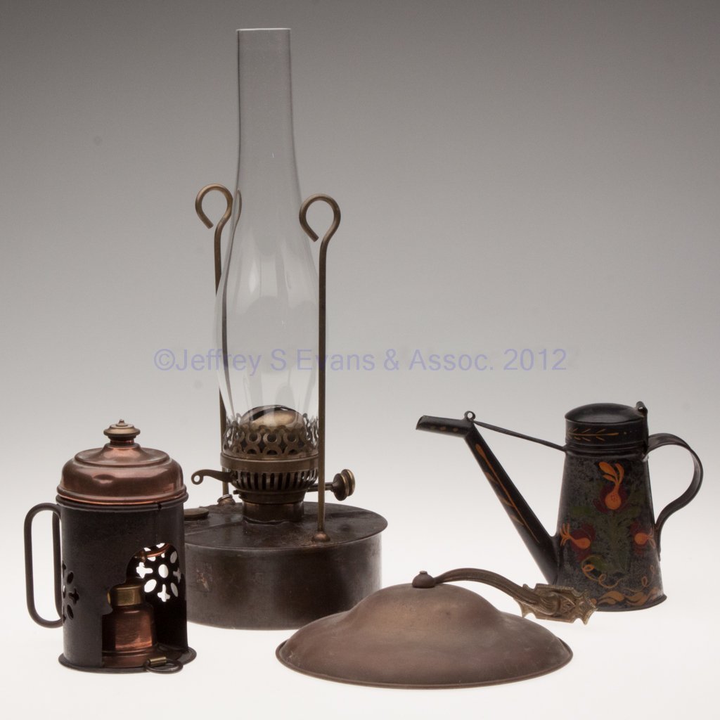 VARIOUS METAL LIGHTING ACCESSORIES, LOT OF FOUR: VARIOUS METAL LIGHTING ACCESSORIES, LOT OF FOUR, comprising a sheet iron circular form lantern font, fitted with a No. 2 British Make duplex burner and side refill feature, non-period slip chimney; a 
