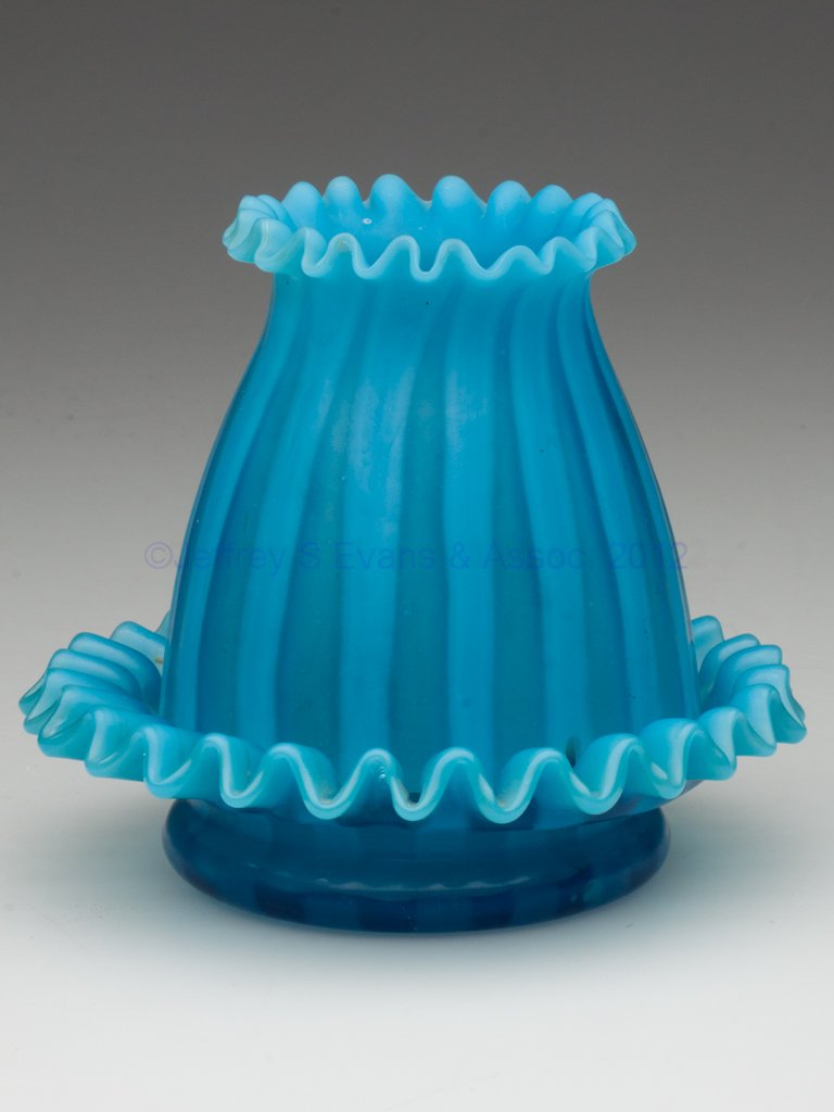 STRIPE FAIRY LAMP: STRIPE FAIRY LAMP, frosted blue opalescent, crimped shade and base rims, ground pontil mark. Fourth quarter 19th century. 4 1/2" H, 5 1/4" D base. Literature: Parallels Ruf - Fairy Lamps, p. 71, fig. 
