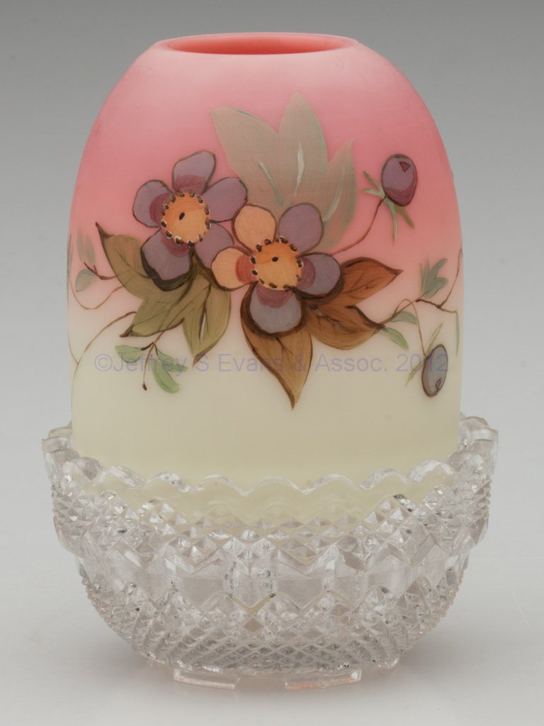 WEBB BURMESE FAIRY LAMP: WEBB BURMESE FAIRY LAMP, plush finish with polychrome enamel "Hawthorn" decoration, colorless Clarke's pyramid cup. Thomas Webb & Sons, England. Fourth quarter 19th century. 3 3/4" H, 2 7/8" D cup. Li