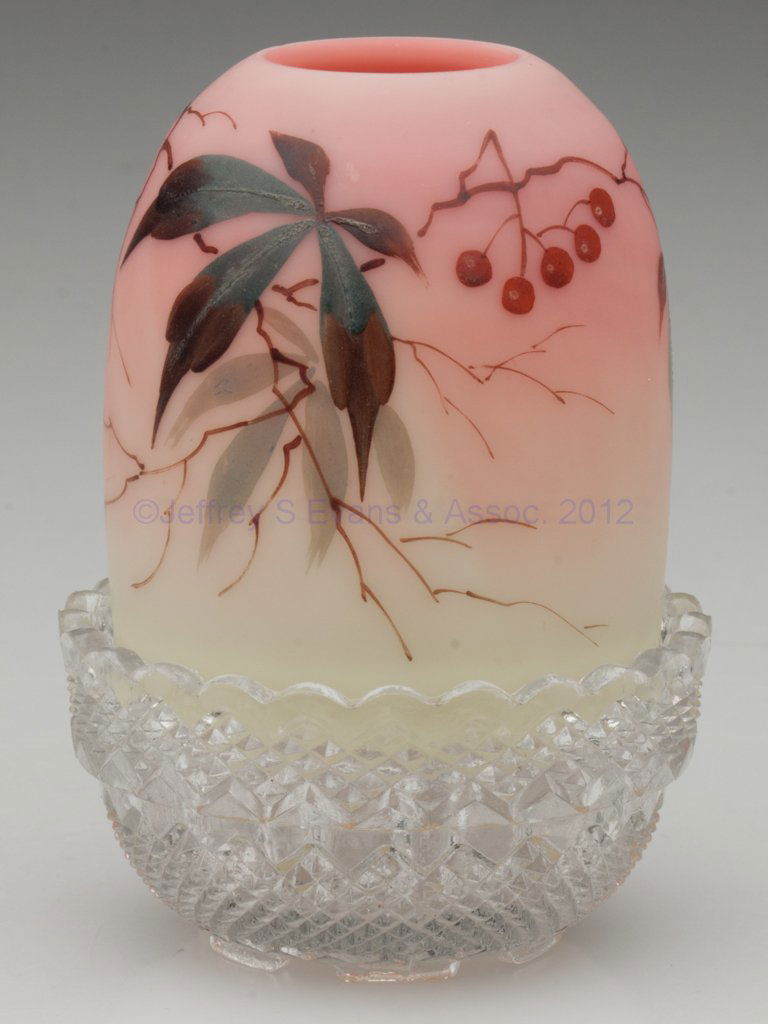 WEBB BURMESE FAIRY LAMP: WEBB BURMESE FAIRY LAMP, plush finish with polychrome enamel leaf and berry decoration, colorless Clarke's pyramid cup. Thomas Webb & Sons, England. Fourth quarter 19th century. 3 3/4" H, 2 7/8" D cup