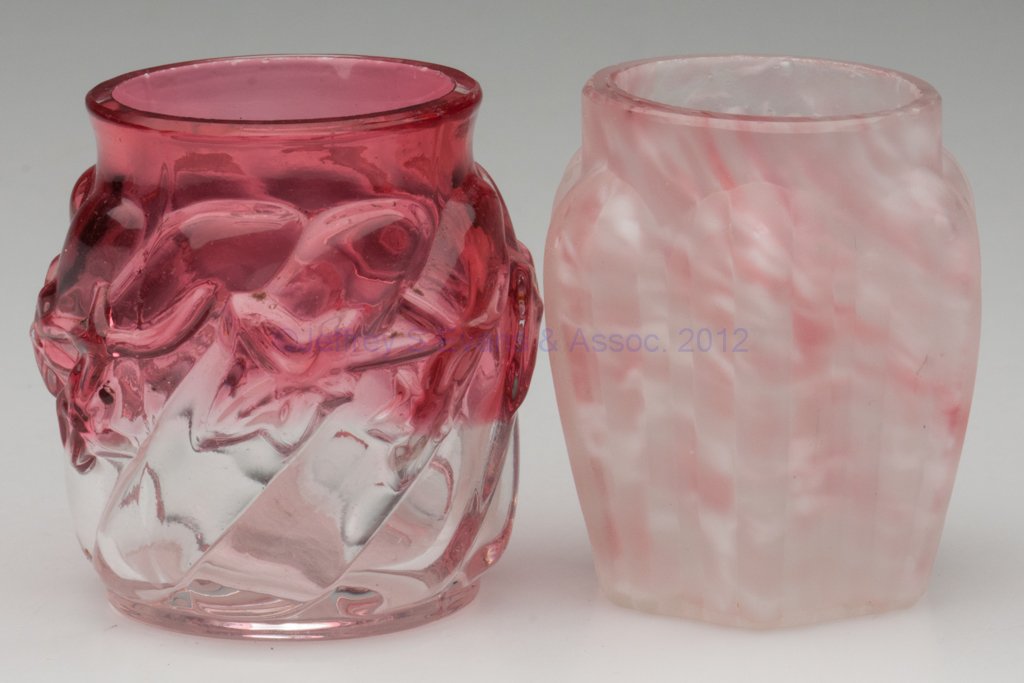 VICTORIAN TOOTHPICK HOLDERS, LOT OF TWO: VICTORIAN TOOTHPICK HOLDERS, LOT OF TWO, comprising a rubina Royal Ivy and a frosted spatter Pillar Ribbed. Northwood Glass Co. Fourth quarter 19th century. 2 1/4" H. Provenance: From the collection o