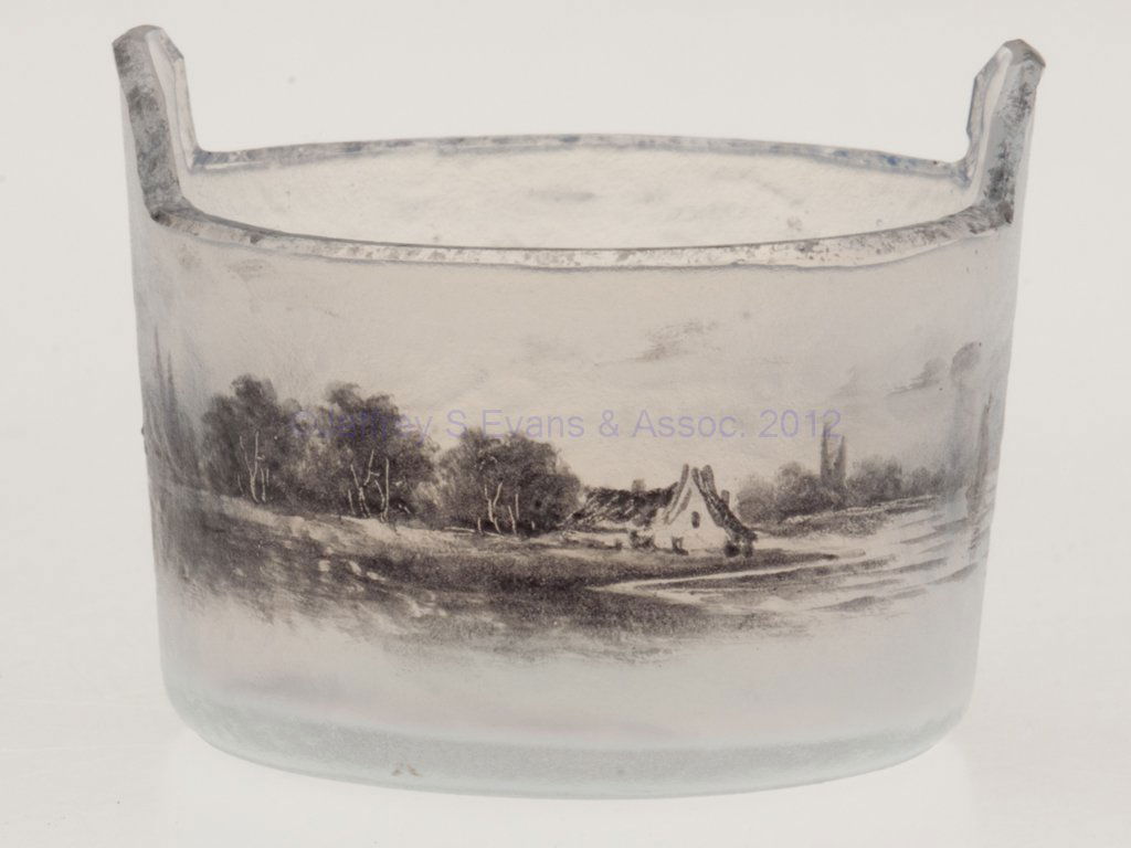 DAUM NANCY FRENCH ACID AND ENAMELED OPEN SALT: DAUM NANCY FRENCH ACID AND ENAMELED OPEN SALT, opalescent, tub form with black cottage by a lake with boats, gilt signature under base. France. Late 19th/early 20th century. 1 3/8" HOA, 1 3/4" D rim.