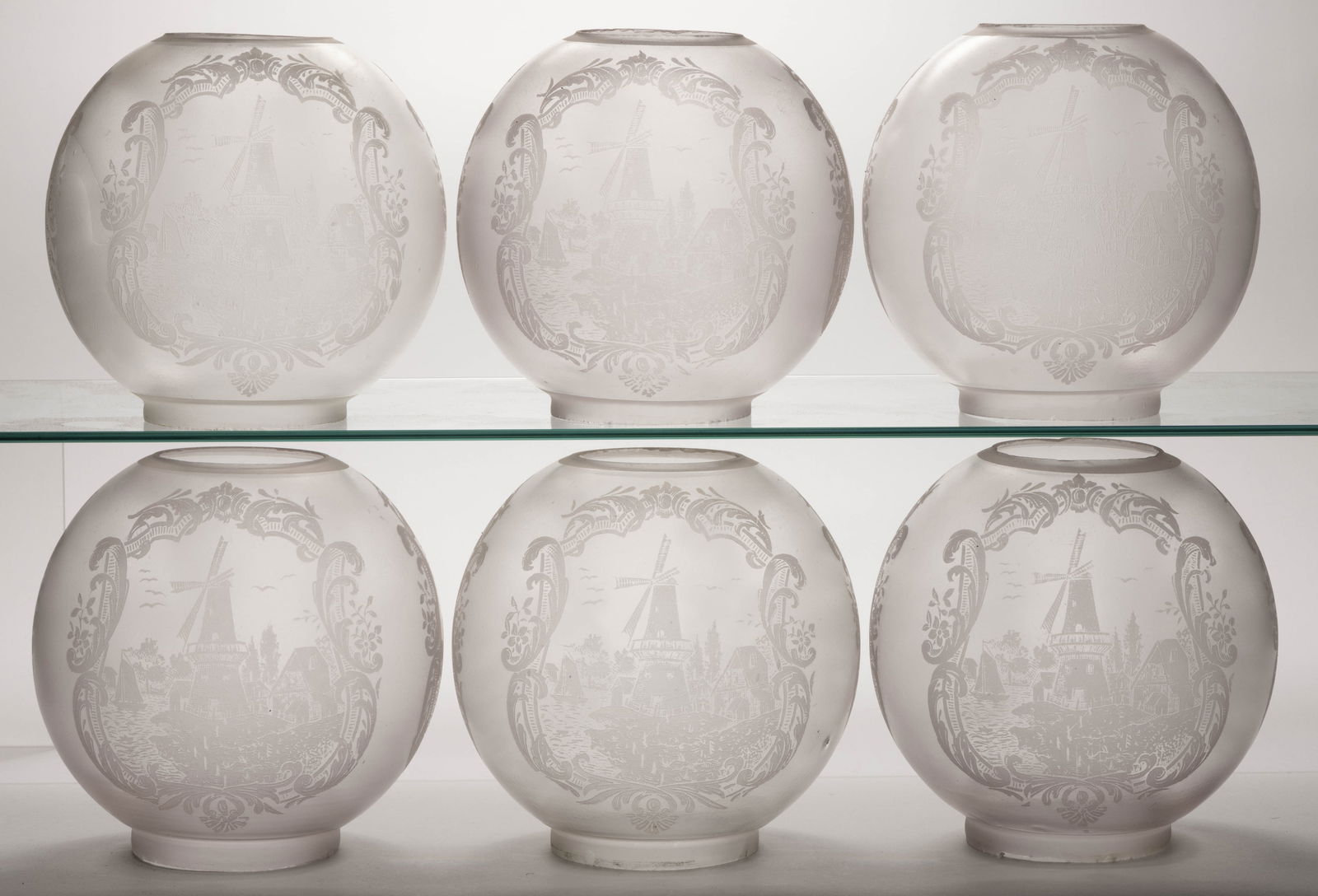 VICTORIAN DEEP ACID-ETCHED KEROSENE CHANDELIER LAMP SHADES, SET OF SIX (1 of 2)