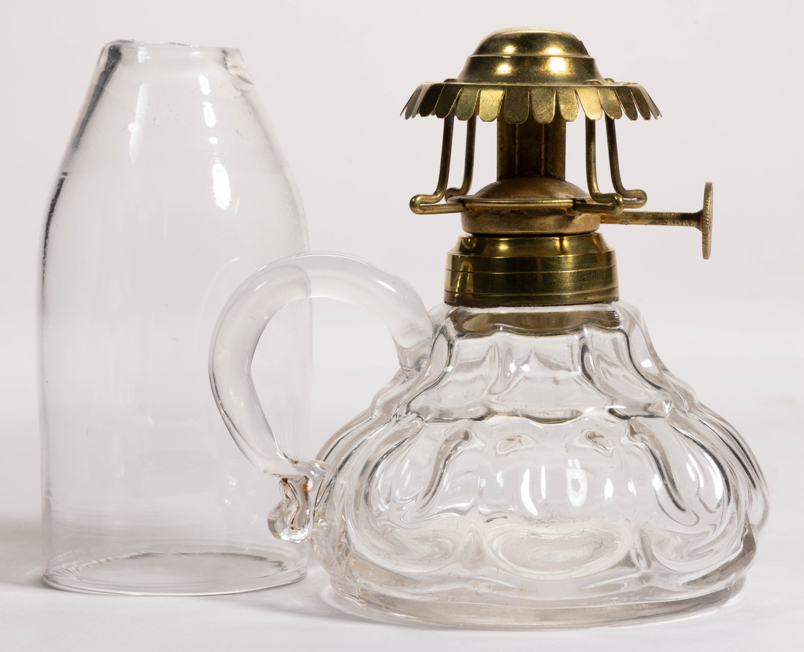 PLUME & ATWOODS NEW CALCIUM NO. 0 KEROSENE SLIP BURNER AND CHIMNEY SETUP: PLUME & ATWOODS NEW CALCIUM NO. 0 KEROSENE SLIP BURNER AND CHIMNEY SETUP, brass, platform embossed "NEW CALCIUM LIGHT 1870", thumbwheel marked "P & A MF'G CO.