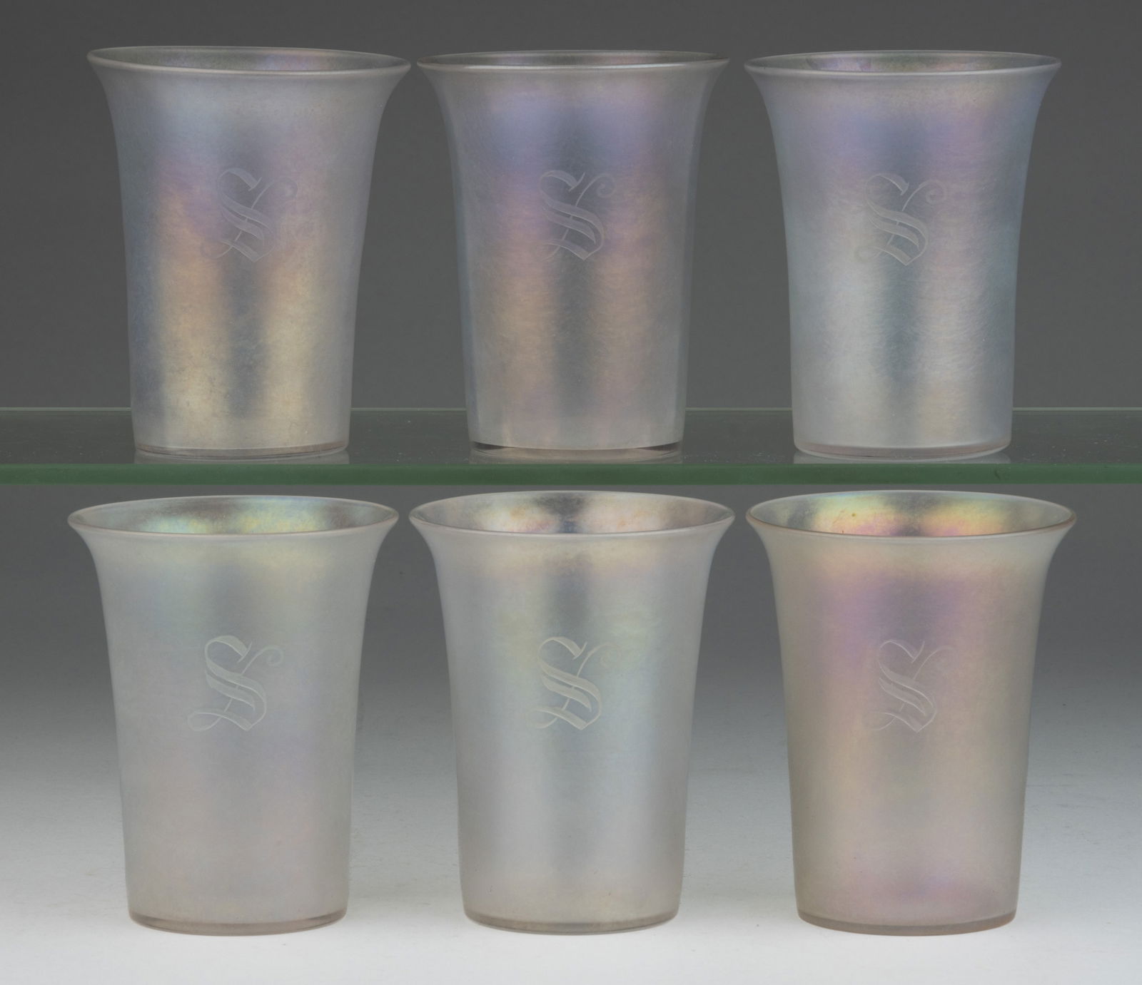 STEUBEN VERRE DE SOIE ART GLASS TUMBLERS, SET OF SIX: STEUBEN VERRE DE SOIE ART GLASS TUMBLERS, SET OF SIX, shape 1044, each engraved with a script "S", and with a polished pontil mark. Steuben Glass Works. Circa 1925. 4" D, 3 1/4" D