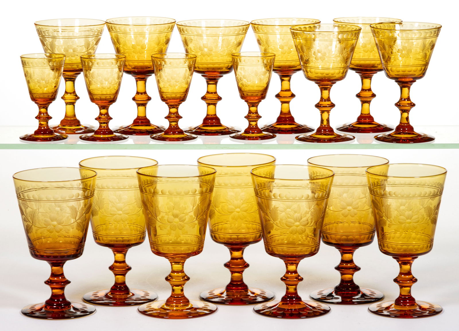 STEUBEN ATTRIBUTED ENGRAVED ART GLASS DRINKING ARTICLES, LOT OF 18 (1 of 1)