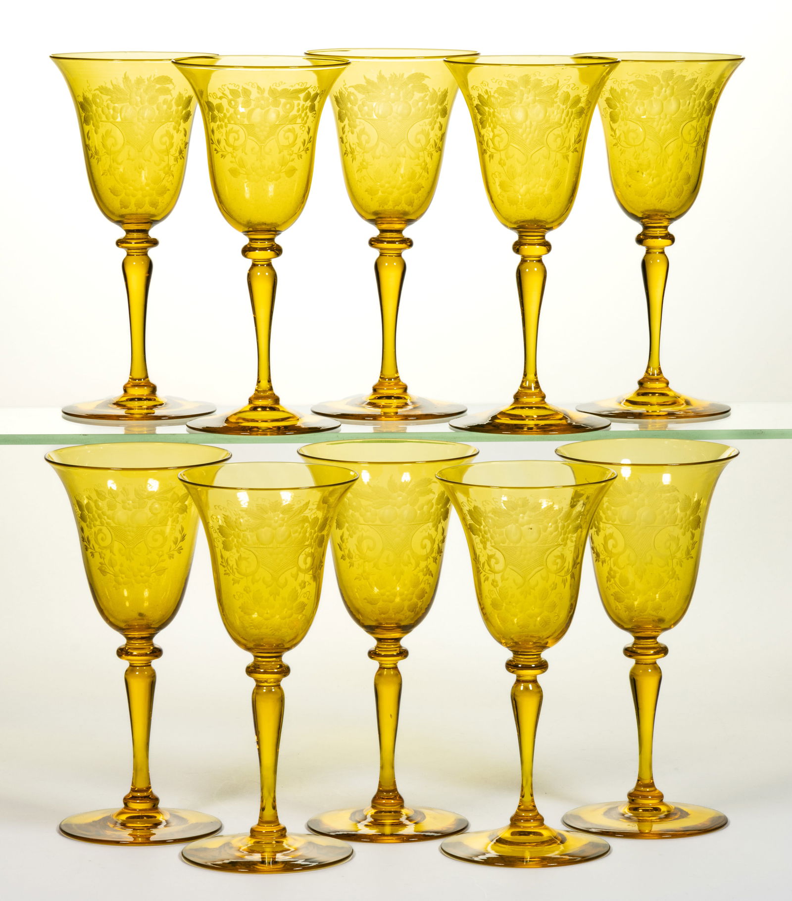 STEUBEN NO. 6401 ENGRAVED ART GLASS GOBLETS, LOT OF TEN (1 of 1)