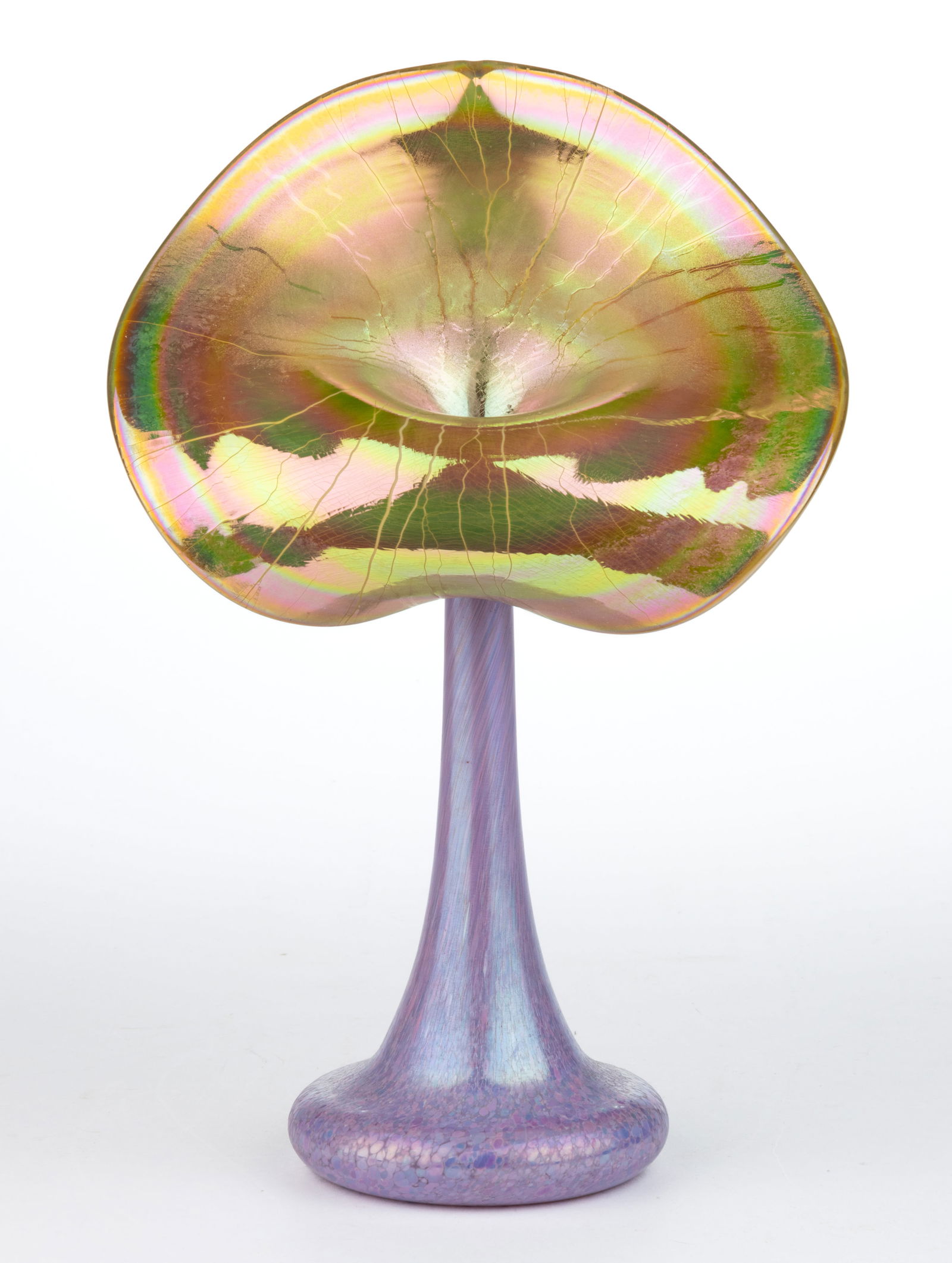 STUART ABELMAN (AMERICAN, XX / XXI) IRIDESCENT STUDIO ART GLASS JACK-IN-THE-PULPIT VASE (1 of 2)