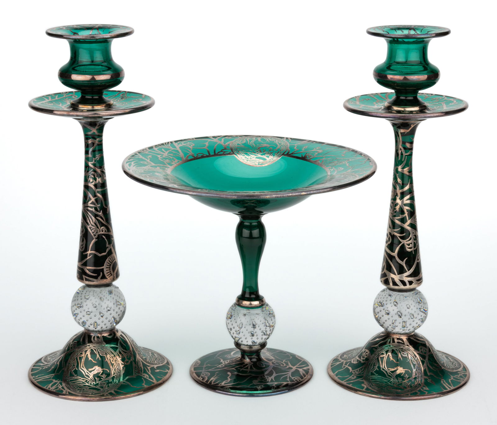 PAIRPOINT SILVER-OVERLAY ART GLASS THREE-PIECE CONSOLE SET (1 of 1)