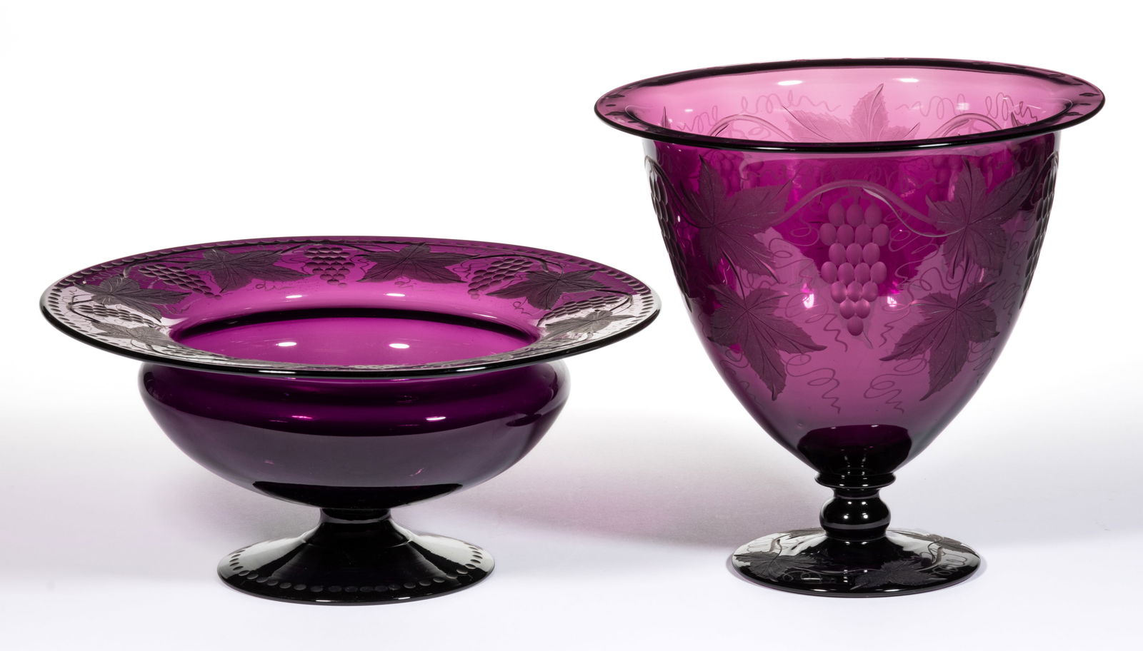 PAIRPOINT GRAPES ENGRAVED ART GLASS FOOTED BOWLS, LOT OF TWO (1 of 1)