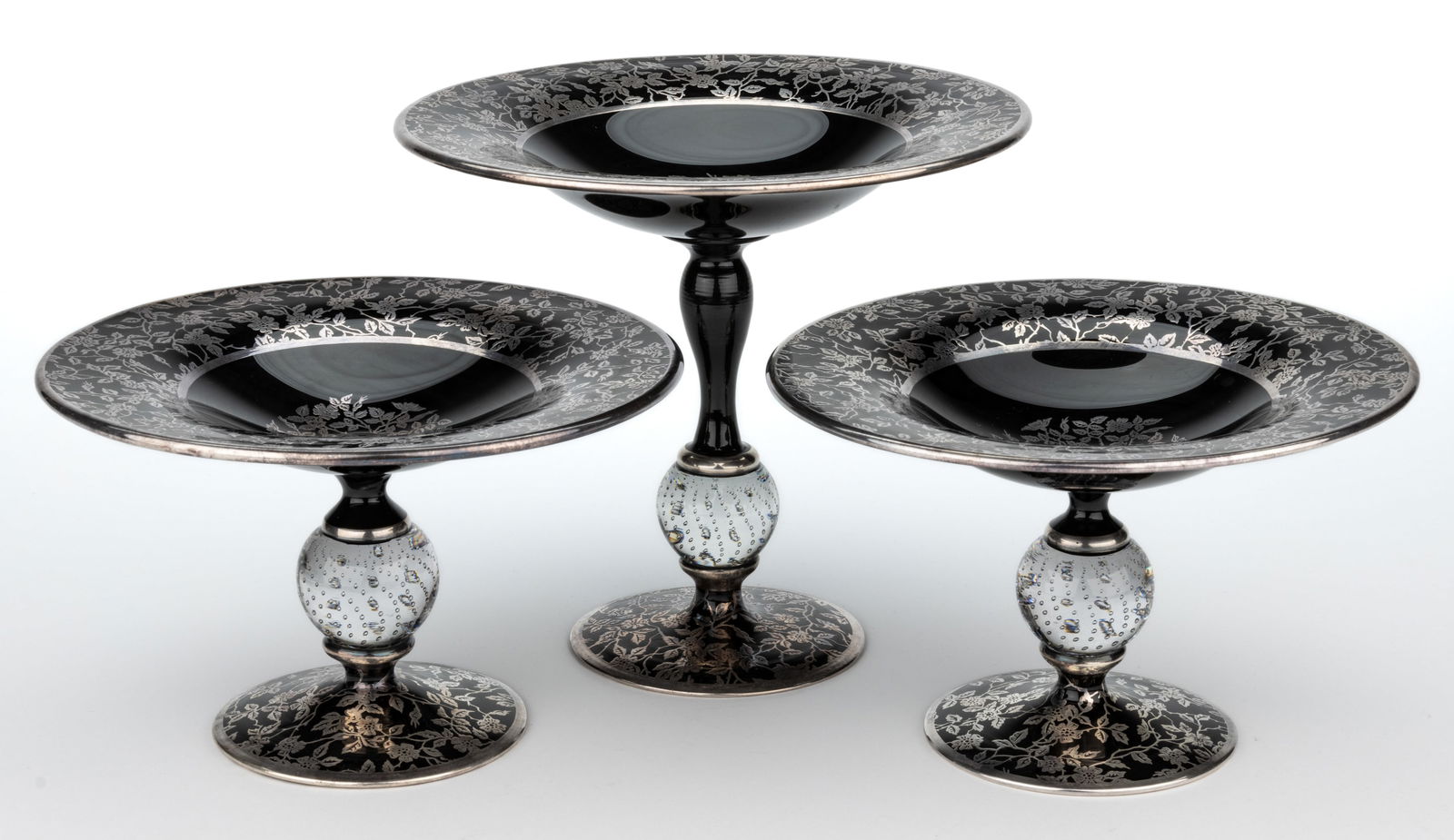 PAIRPOINT SILVER-OVERLAY DECORATED ART GLASS TABLE ARTICLES, LOT OF THREE (1 of 2)