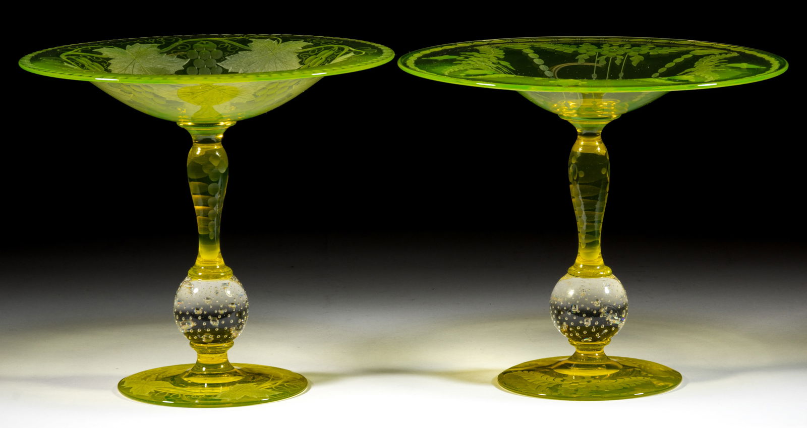 PAIRPOINT CANARIA ENGRAVED ART GLASS COMPOTES, LOT OF TWO (1 of 1)