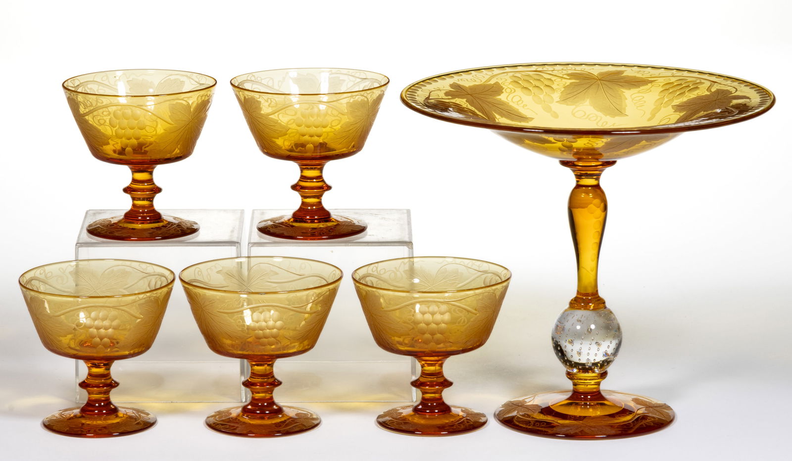 PAIRPOINT GRAPES ENGRAVED ART GLASS ARTICLES, LOT OF SIX (1 of 1)