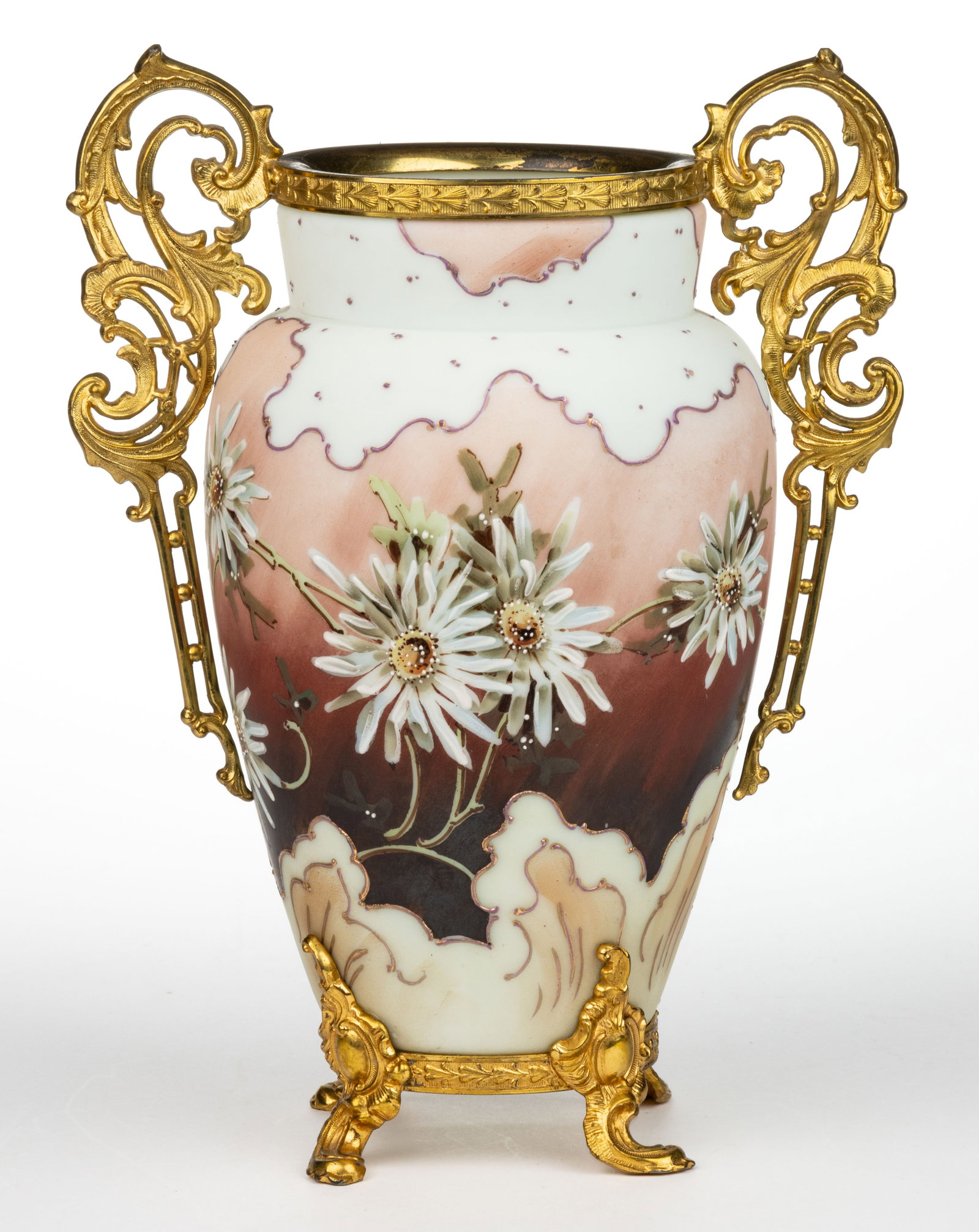 WAVE CREST NO. 216 FLORAL ENAMEL-DECORATED ART GLASS VASE: WAVE CREST NO. 216 FLORAL ENAMEL-DECORATED ART GLASS VASE, opaque white with polychrome-enamel decoration, urn form vase with a wide medial band featuring a shaded maroon ground with floral decoration