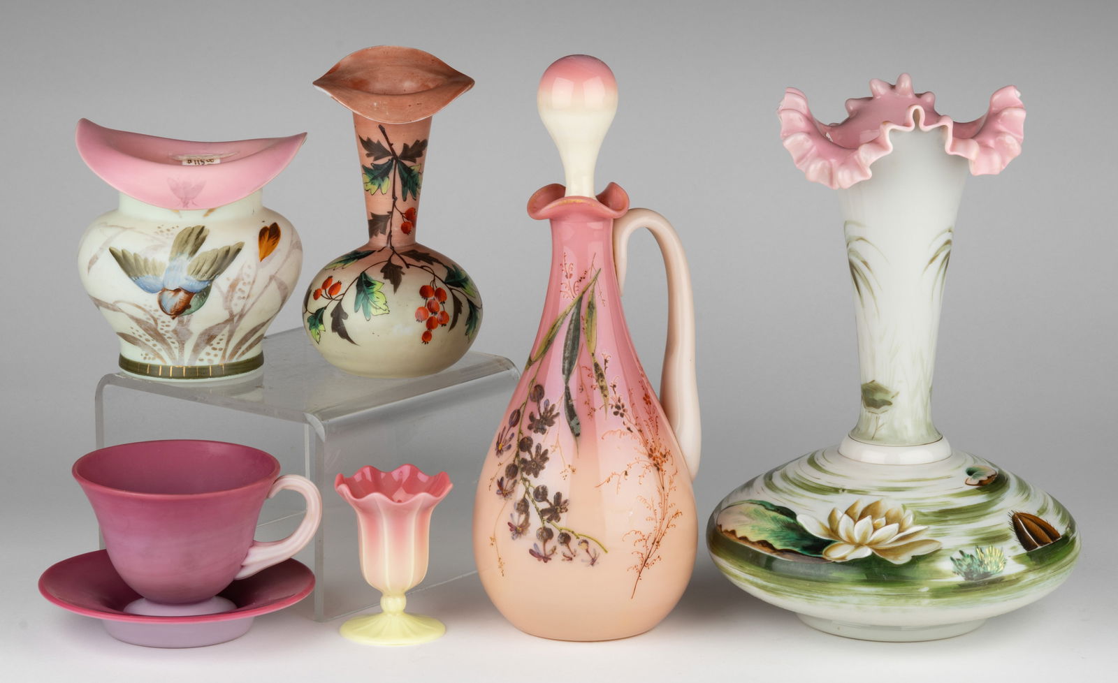 ASSORTED PEACHBLOW / BURMESE GLASS ARTICLES, LOT OF SEVEN (1 of 1)