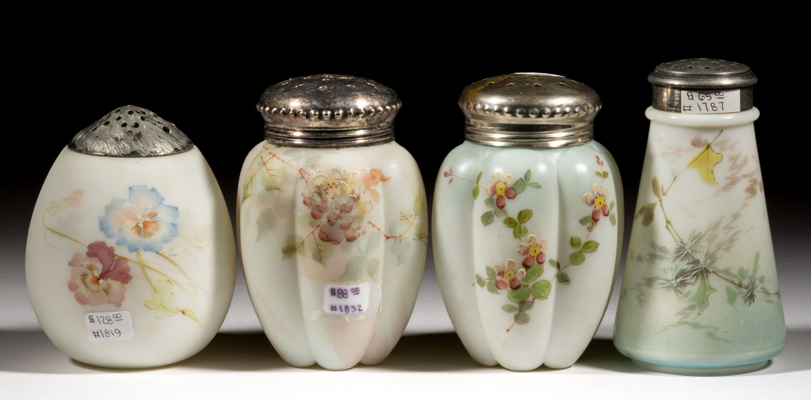 DECORATED OPAL GLASS SUGAR SHAKERS, LOT OF FOUR (1 of 1)