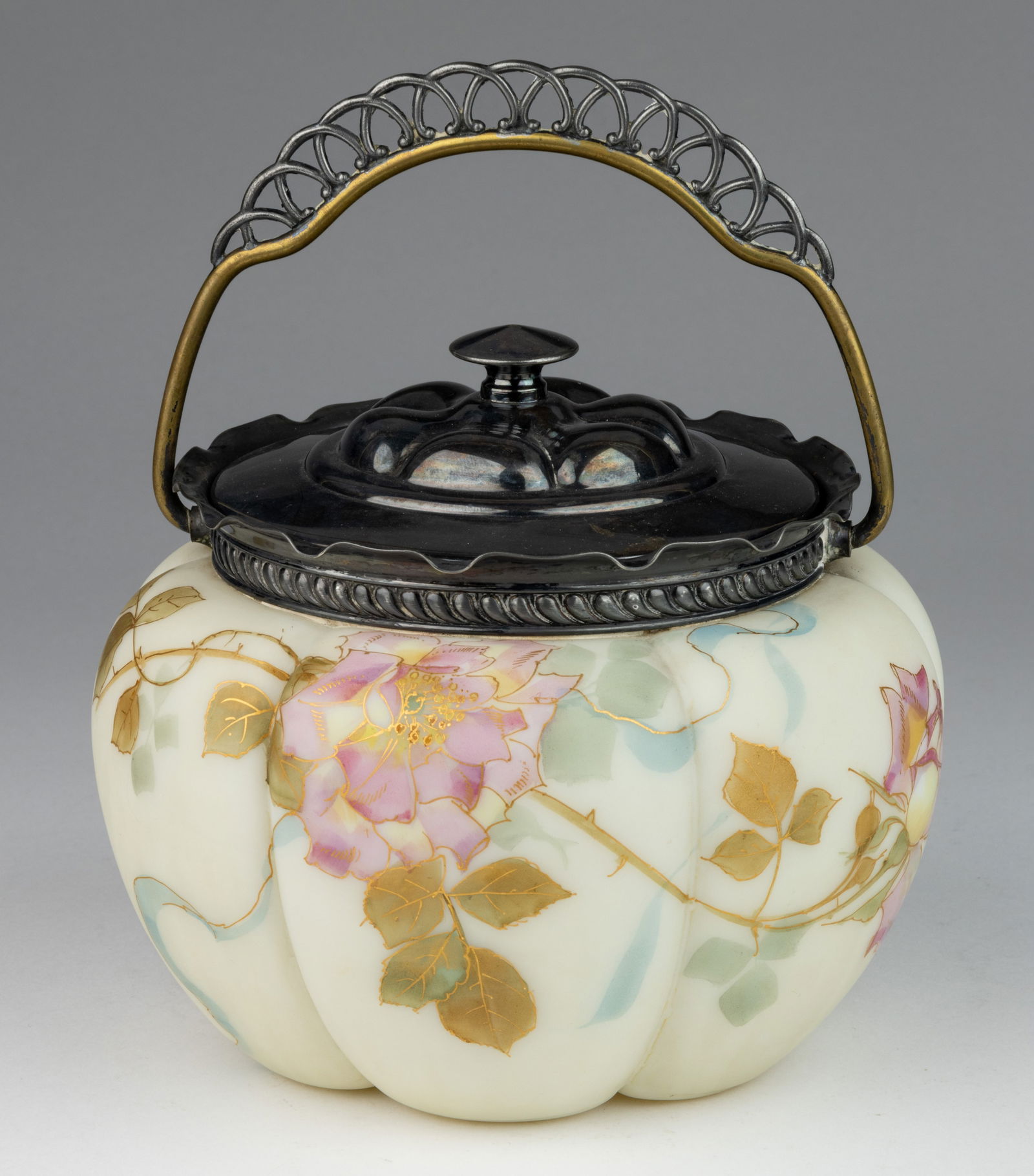 SMITH BROS. ENAMEL-DECORATED ROSES ART GLASS BISCUIT / CRACKER JAR (1 of 2)