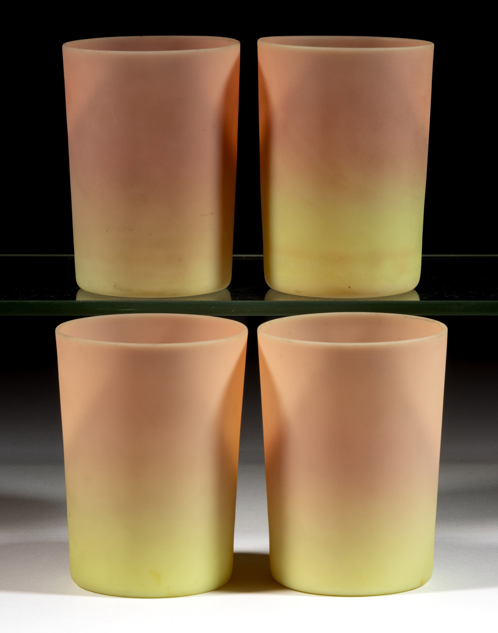 MT. WASHINGTON BURMESE TUMBLERS, LOT OF FOUR: MT. WASHINGTON BURMESE TUMBLERS, LOT OF FOUR, plush, each having a polished pontil mark. Mt. Washington Glass Co. Circa 1886. 3 3/4" H. Literature: Bredehoft - Glass Tumblers, p. 138, bottom left