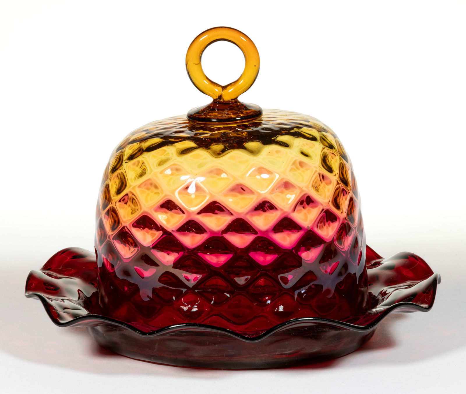 MT. WASHINGTON DIAMOND-OPTIC ROSE AMBER (OMN) / AMBERINA COVERED BUTTER DISH (1 of 1)