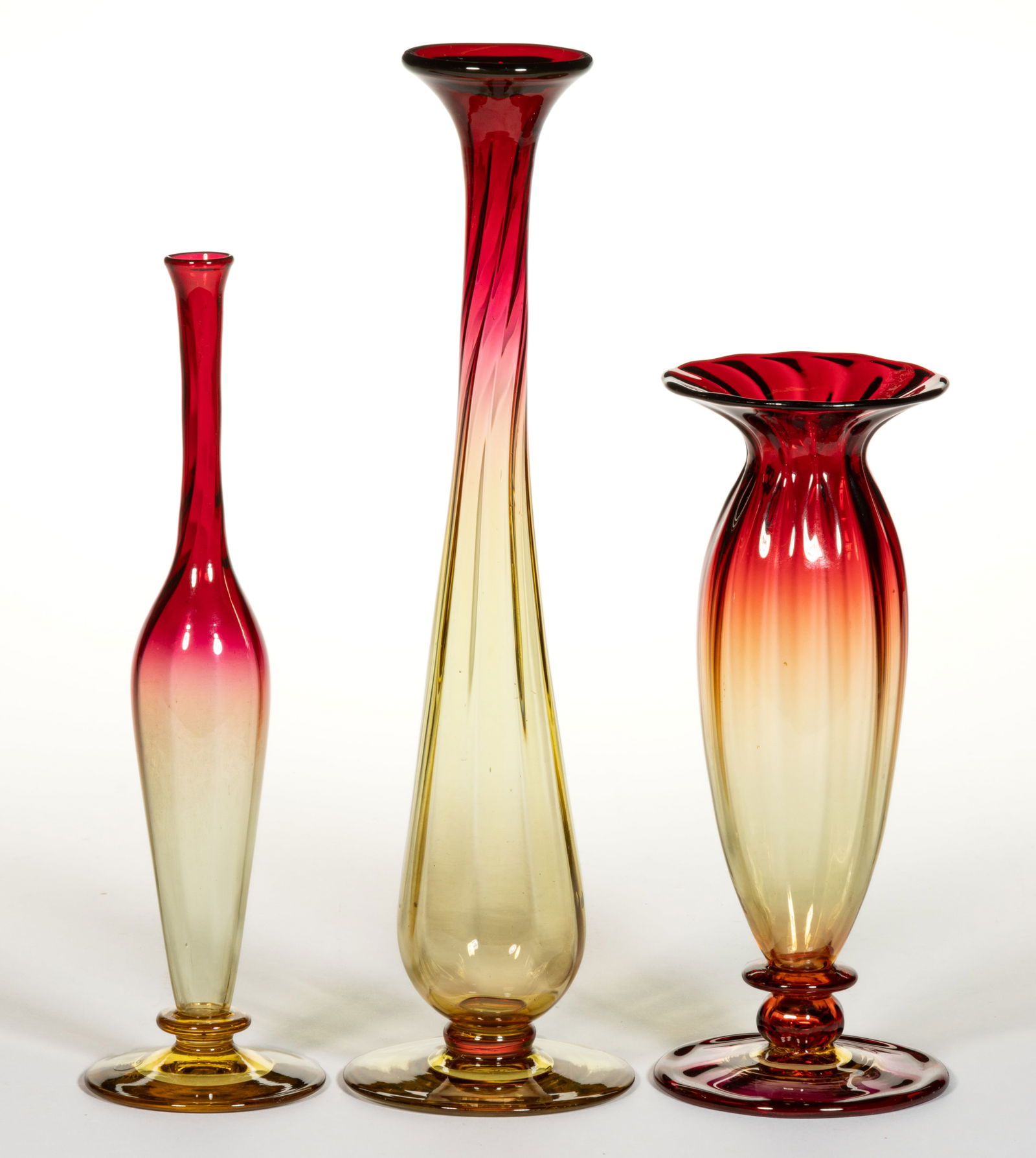 SIGNED LIBBEY AMBERINA PANEL-OPTIC VASES, LOT OF THREE (1 of 1)