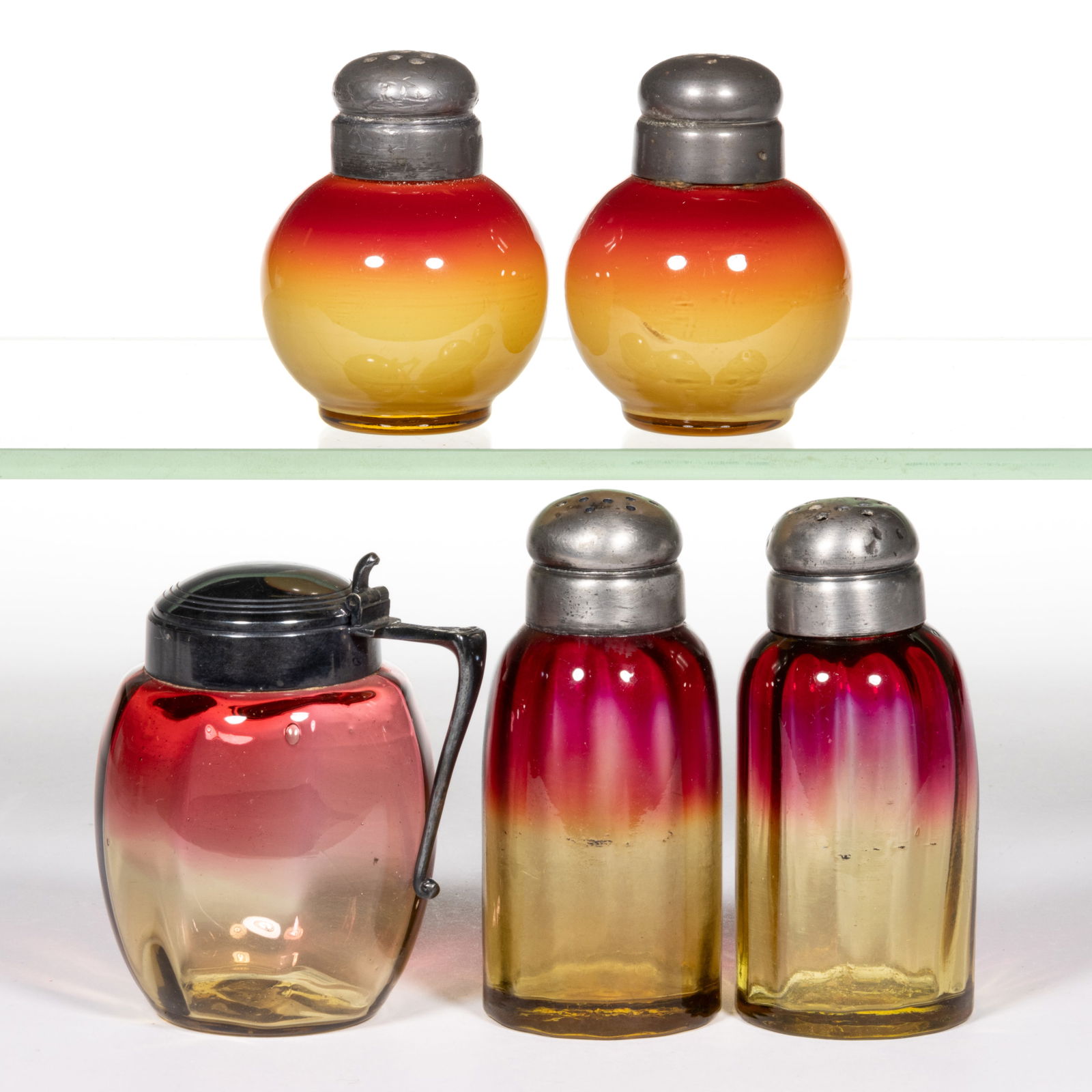 ASSORTED AMBERINA GLASS CONDIMENT ARTICLES, LOT OF FIVE (1 of 1)