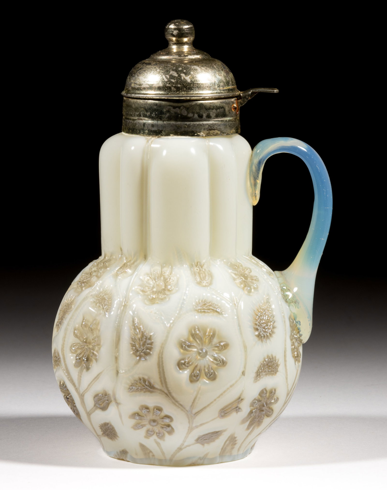 FINDLAY ONYX SYRUP PITCHER: FINDLAY ONYX SYRUP PITCHER, ivory onyx, with platinum flowers, applied handle, period lid with stamped patent information to the front. Dalzell, Gilmore & Leighton Co., Findlay, OH. Circa 1889. 7&