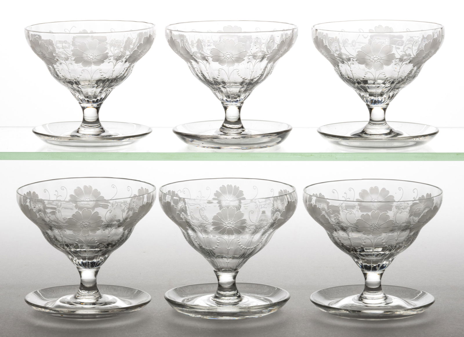 LOCKE ART DAISY ACID-ETCHED SAUCER-FOOTED SHERBETS, LOT OF SIX (1 of 2)