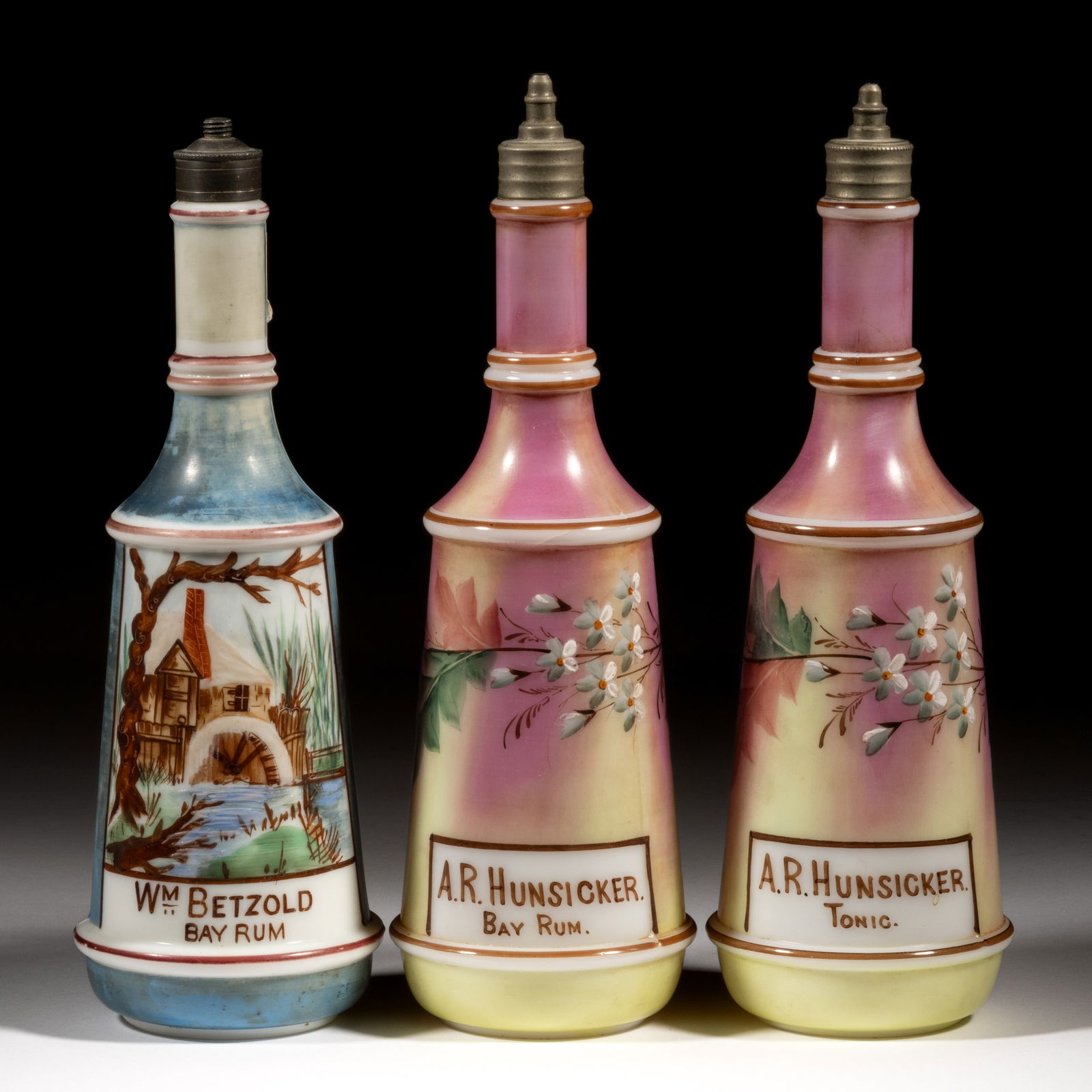 DECORATED OPAL GLASS BARBER'S / BITTER'S BOTTLES, LOT OF THREE (1 of 1)