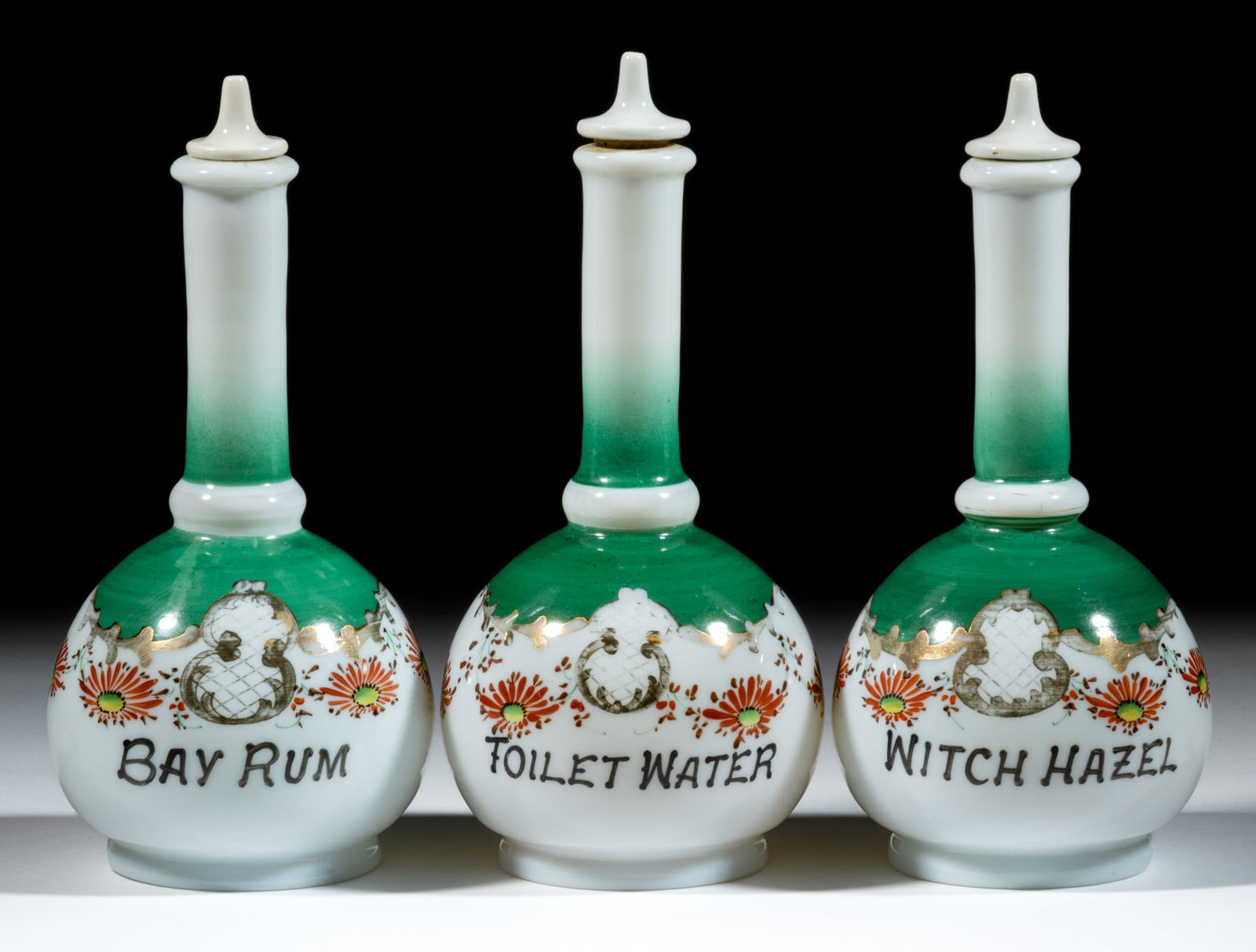 DECORATED OPAL GLASS BARBER'S / BITTER'S BOTTLES, LOT OF THREE (1 of 1)