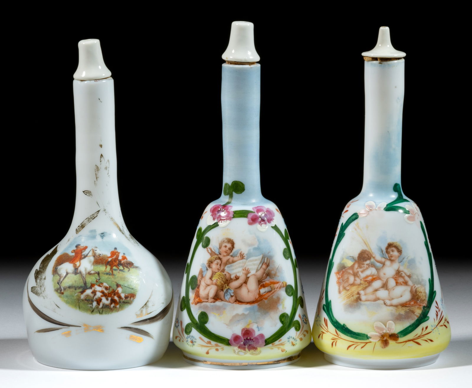 DECORATED OPAL GLASS BARBER'S / BITTER'S BOTTLES, LOT OF THREE (1 of 1)