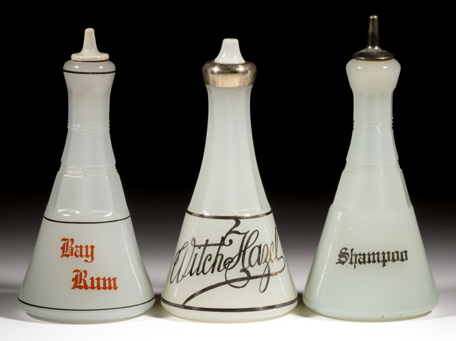 PRESSED ALABASTER / CLAMBROTH GLASS BARBER'S / BITTER'S BOTTLES, LOT OF THREE (1 of 1)