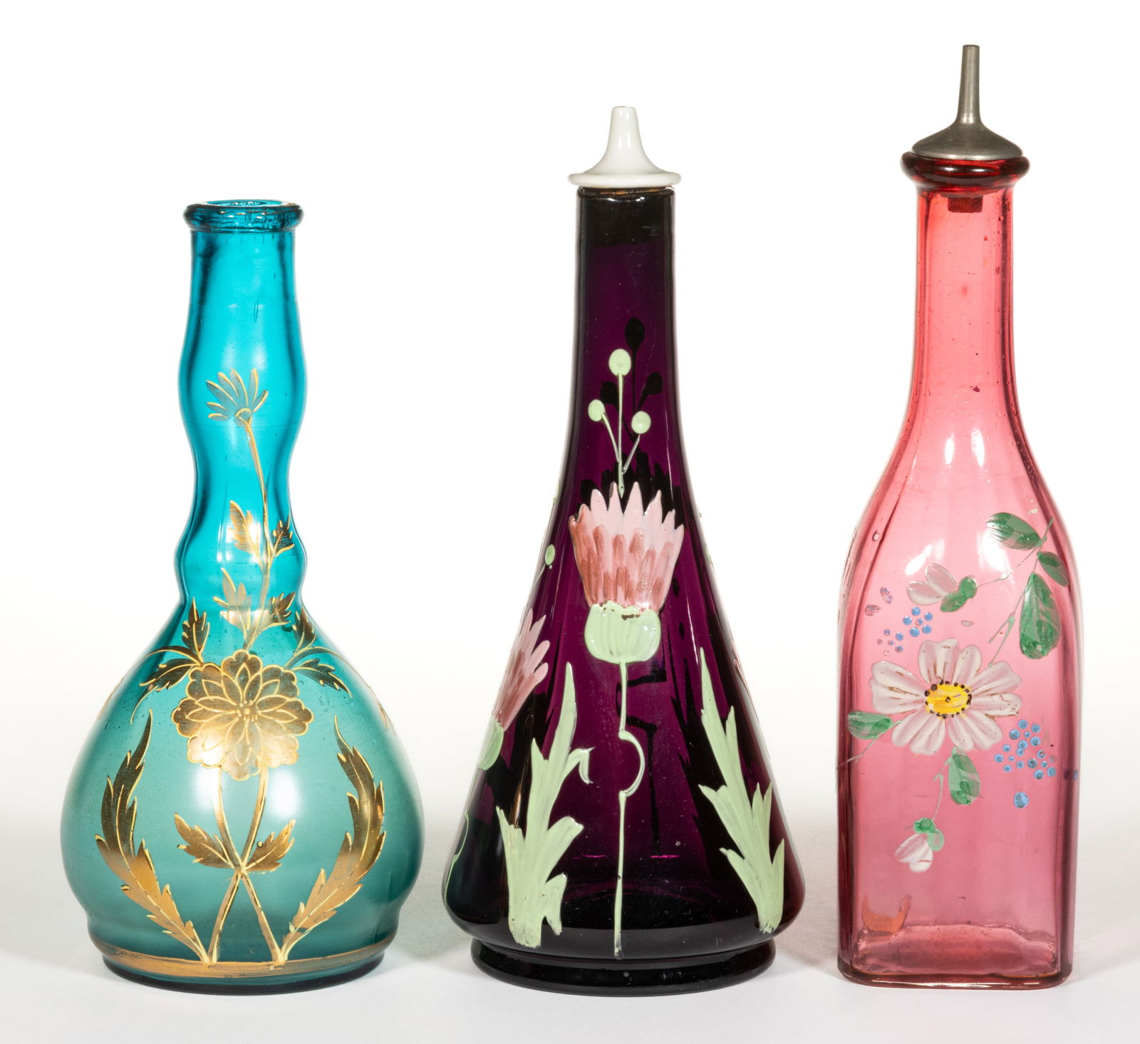 VICTORIAN ENAMEL-DECORATED GLASS BARBER'S / BITTER'S BOTTLES, LOT OF THREE (1 of 1)