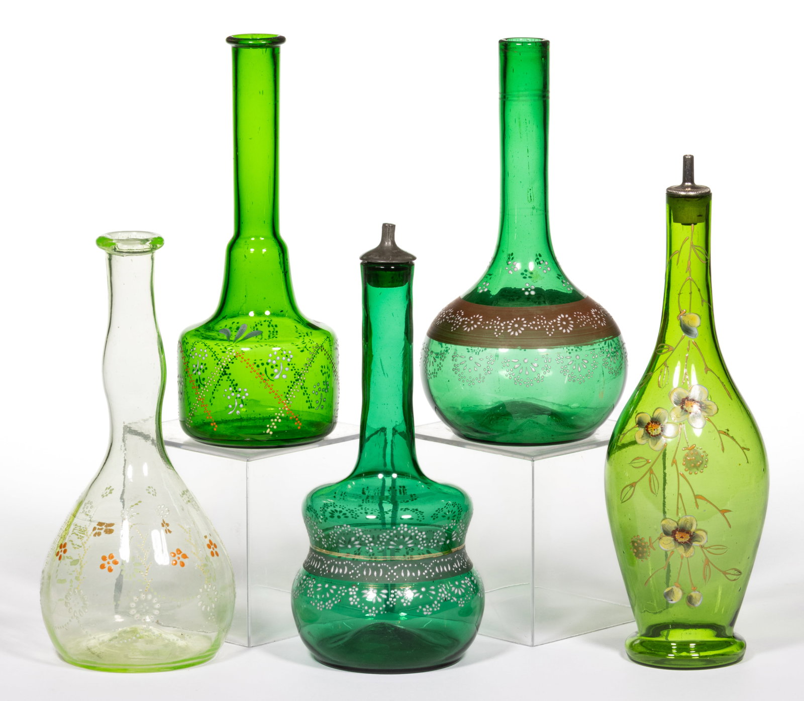 ASSORTED VICTORIAN ENAMEL-DECORATED BITTERS / BARBER'S BOTTLES, LOT OF FIVE (1 of 1)