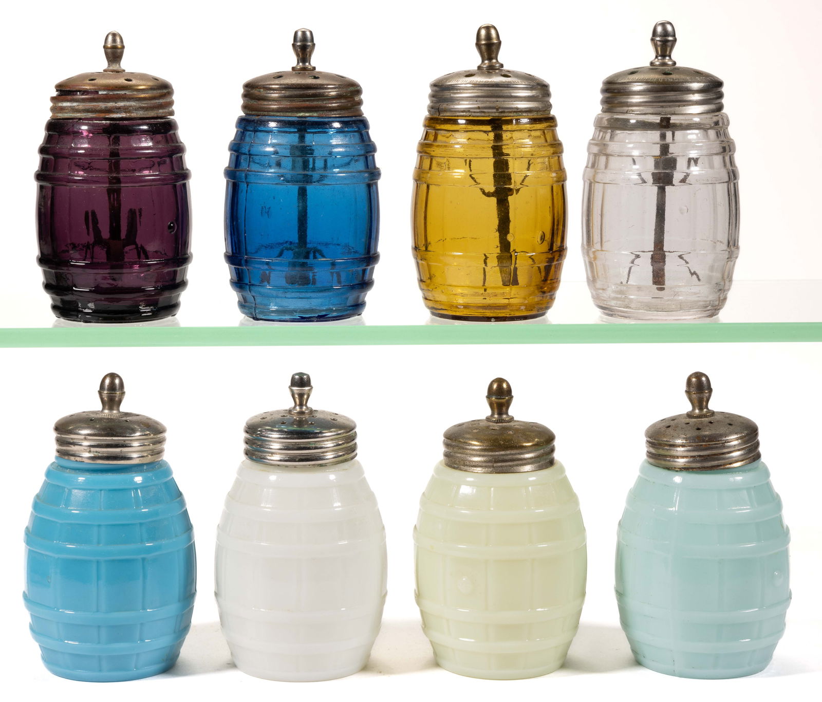 ASSORTED HOOPED BARREL SALT AND PEPPER SHAKERS, LOT OF EIGHT (1 of 1)
