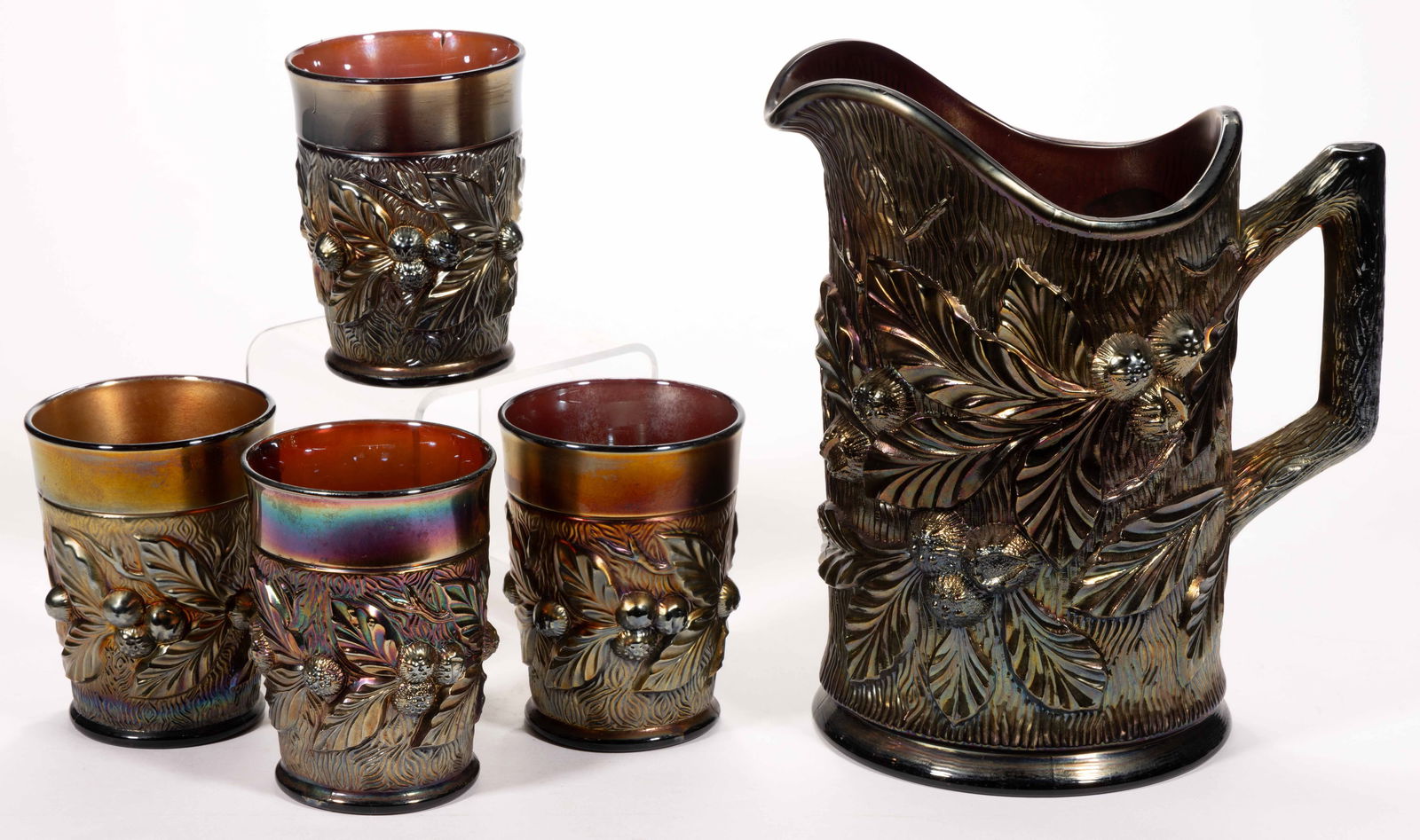 NORTHWOOD ACORN BURRS CARNIVAL GLASS FIVE-PIECE WATER SET (1 of 1)