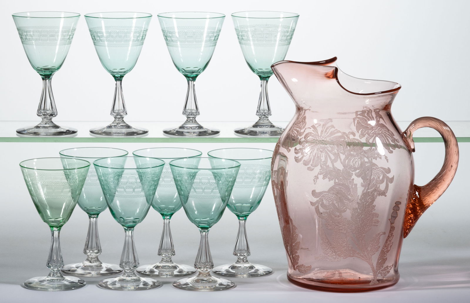 DEPRESSION-ERA ETCHED GLASS DRINKING ARTICLES, LOT OF 11 (1 of 1)