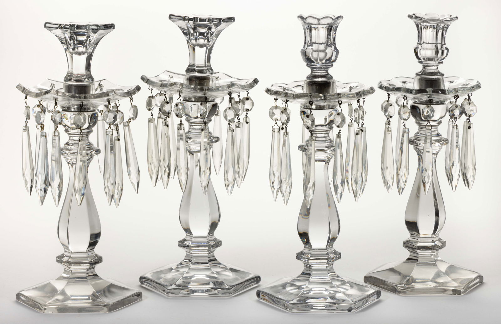 HEISEY NO. 300 / OLD WILLIAMSBURG PRESSED GLASS CANDLESTICKS / CANDELABRAS, TWO PAIRS (1 of 1)