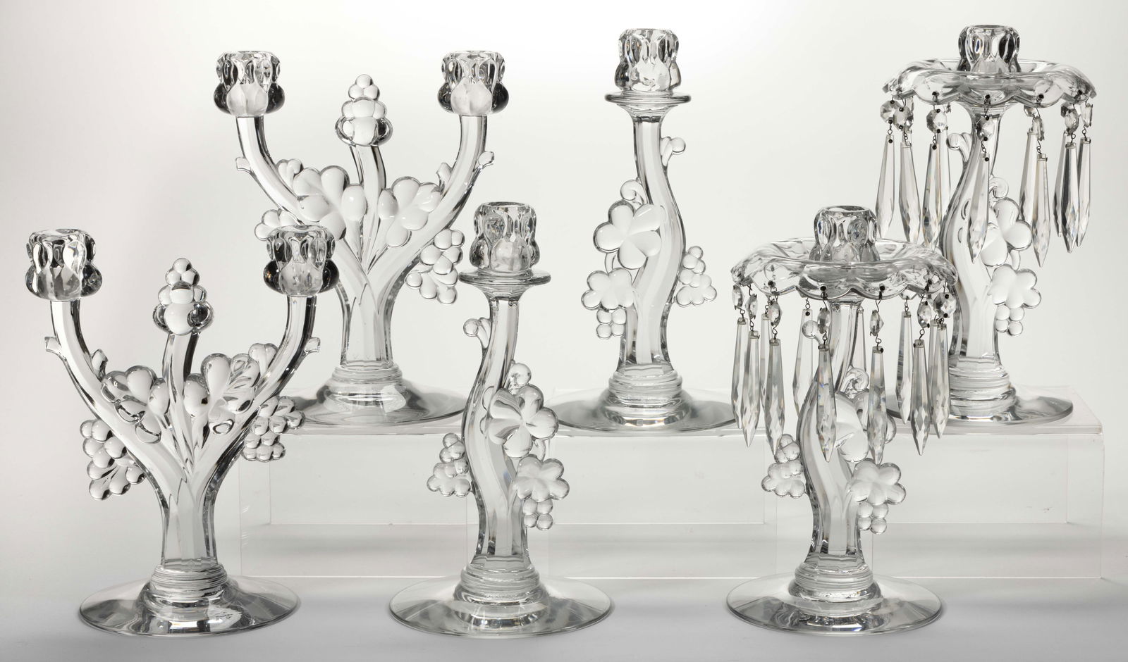 HEISEY NO. 1445 / GRAPE CLUSTER PRESSED GLASS CANDLESTICKS / CANDELABRAS, LOT OF SIX (1 of 1)