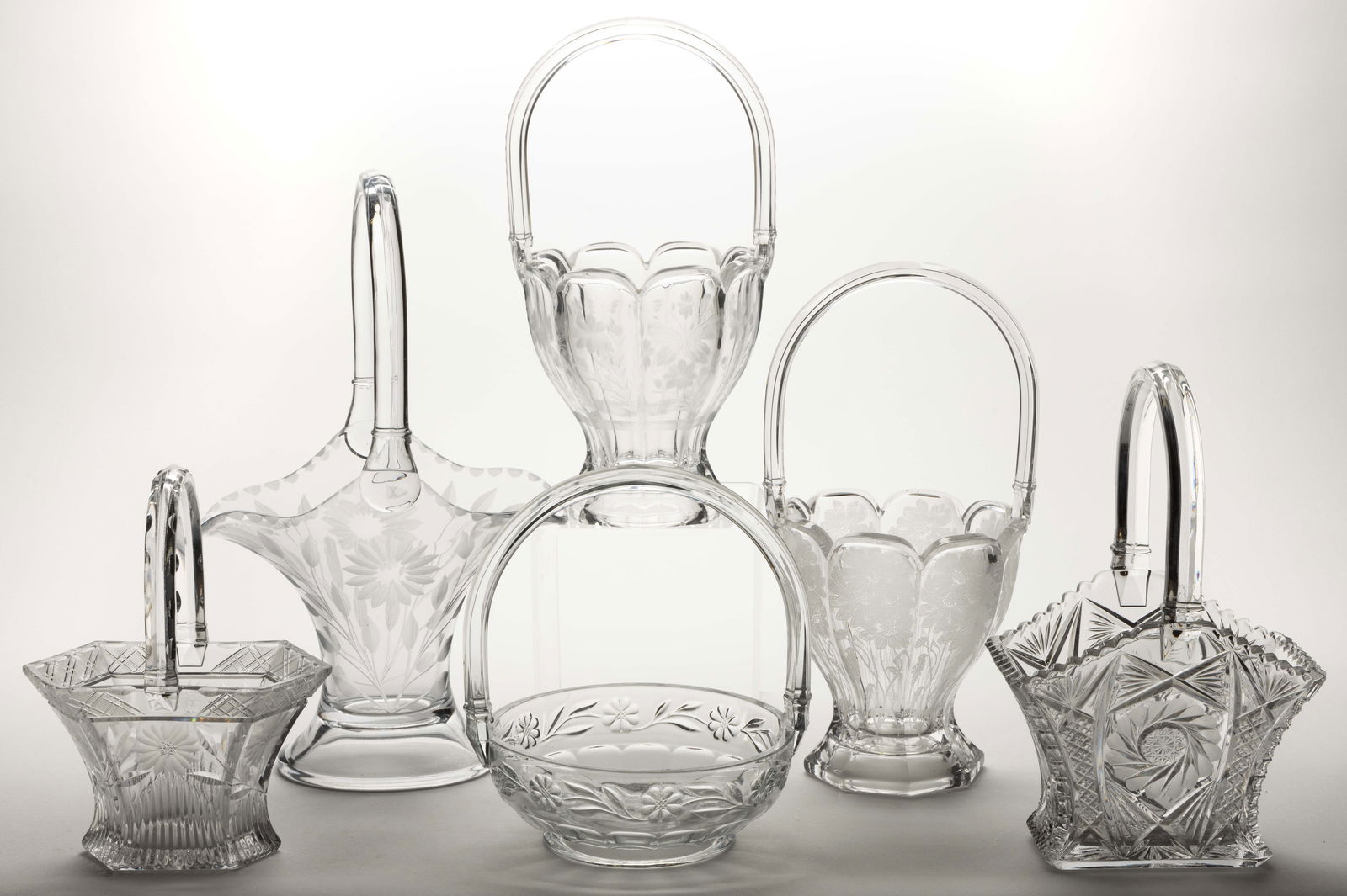 ASSORTED HEISEY PRESSED AND ENGRAVED GLASS BASKETS, LOT OF SIX (1 of 1)