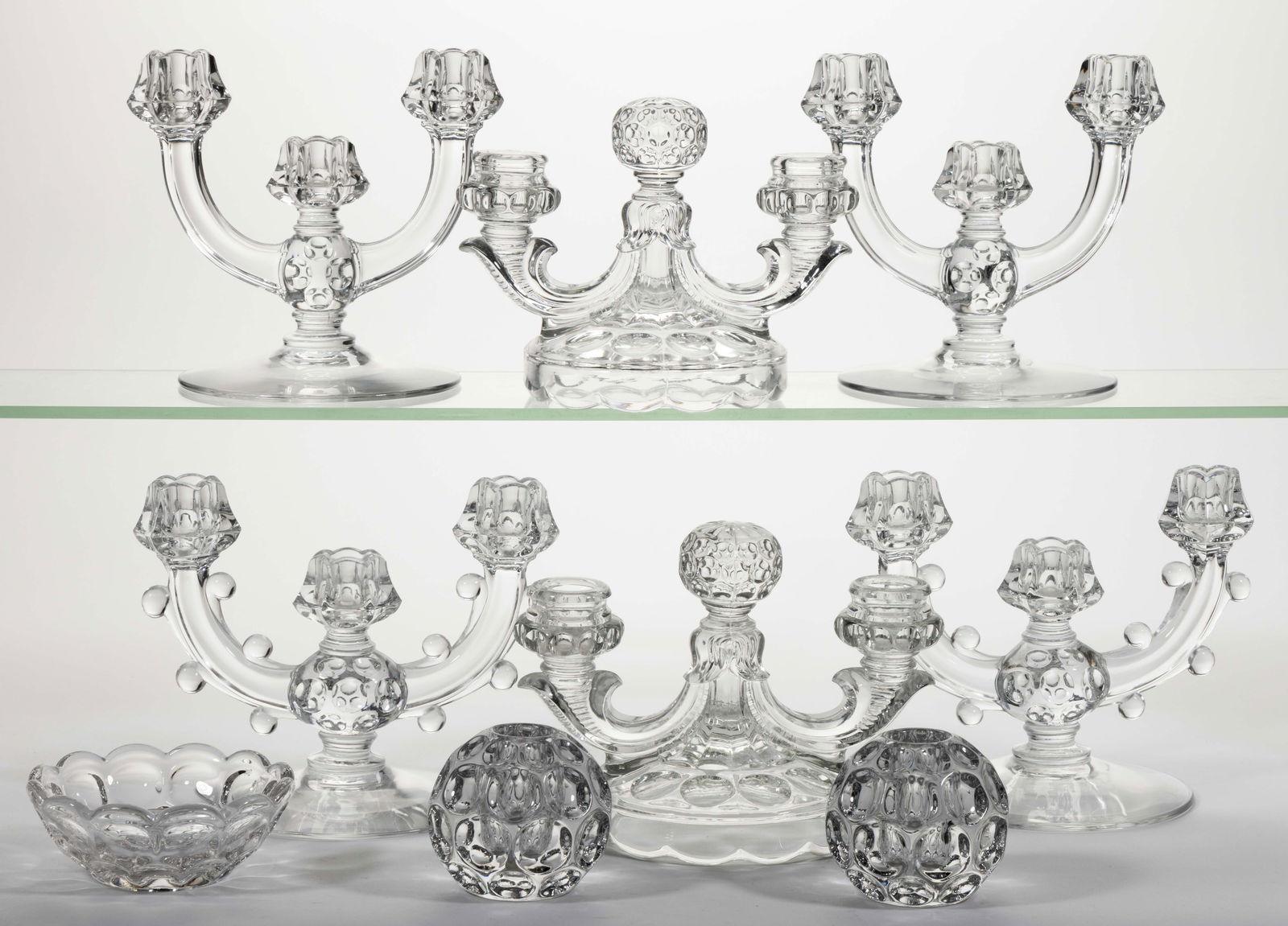 HEISEY NO. 1506 / WHIRLPOOL (PROVINCIAL) PRESSED GLASS CANDLESTICKS, LOT OF NINE (1 of 1)