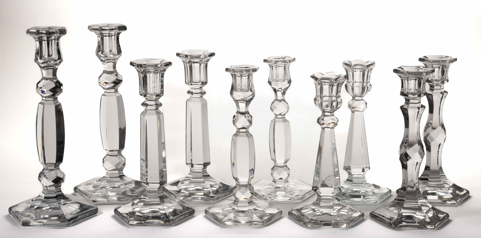 ASSORTED HEISEY PRESSED GLASS CANDLESTICKS, LOT OF TEN (1 of 1)