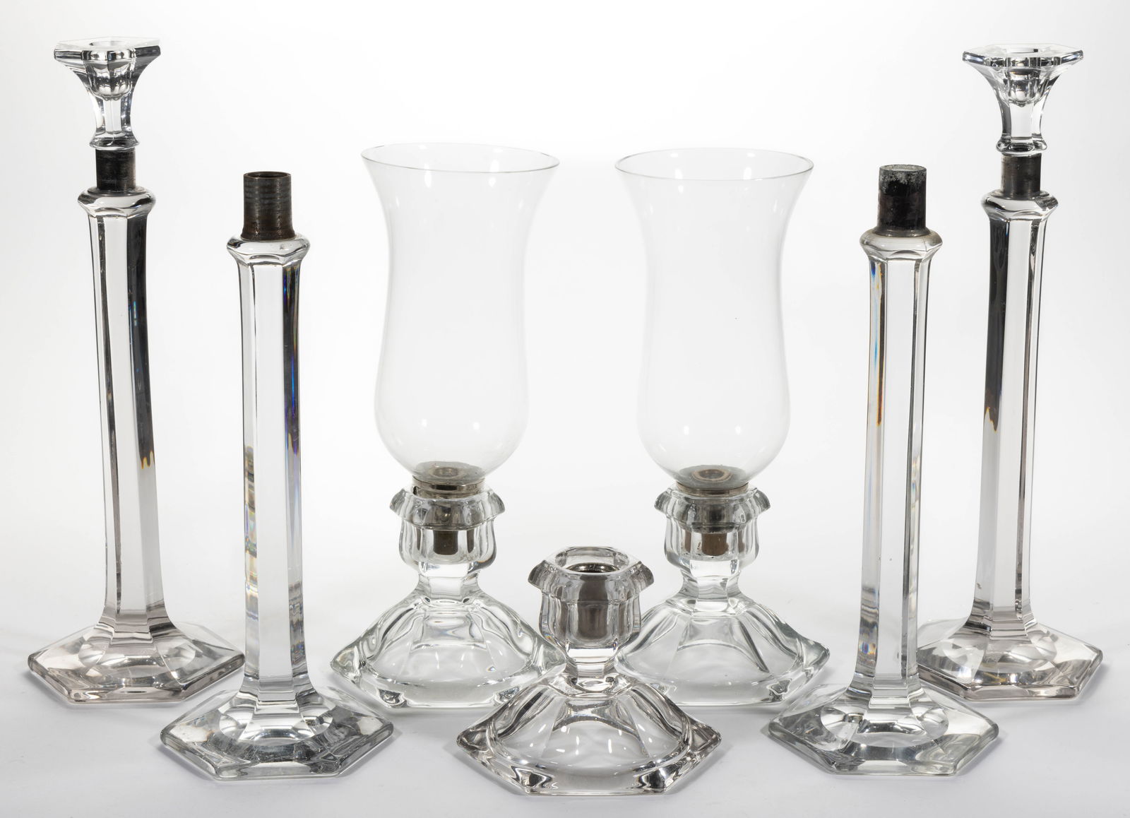 ASSORTED HEISEY PRESSED GLASS HURRICANES / CANDLESTICKS, LOT OF SEVEN (1 of 1)