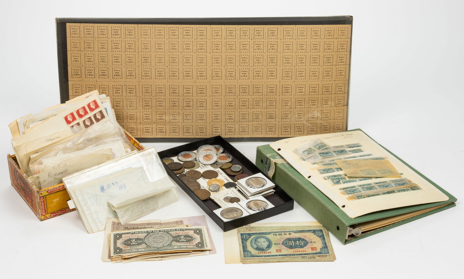 ASSORTED FOREIGN COINS, CURRENCY, AND STAMPS, UNCOUNTED LOT (1 of 4)