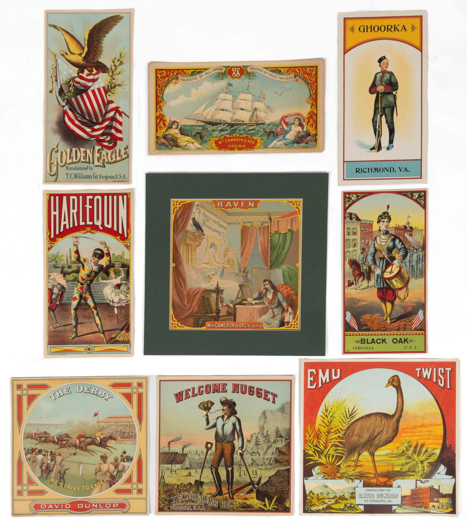 ASSORTED VIRGINIA TOBACCO CADDY LABELS, LOT OF NINE (1 of 1)